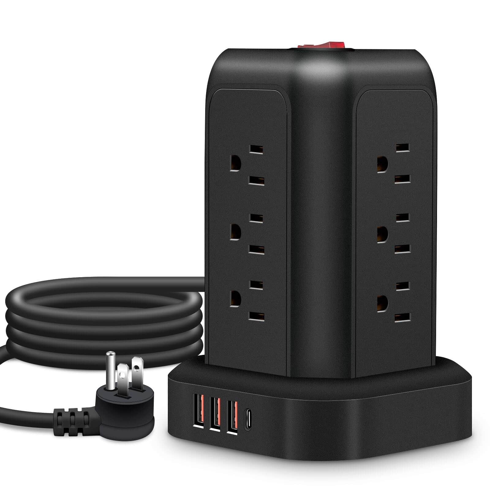 Dazzed Corner - Tower Power Strip with USB Ports, Surge Protector, Flat Plug, Night Light - Black