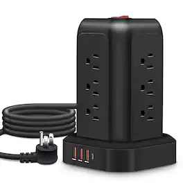 Dazzed Corner - Tower Power Strip with USB Ports, Surge Protector, Flat Plug, Night Light - Black