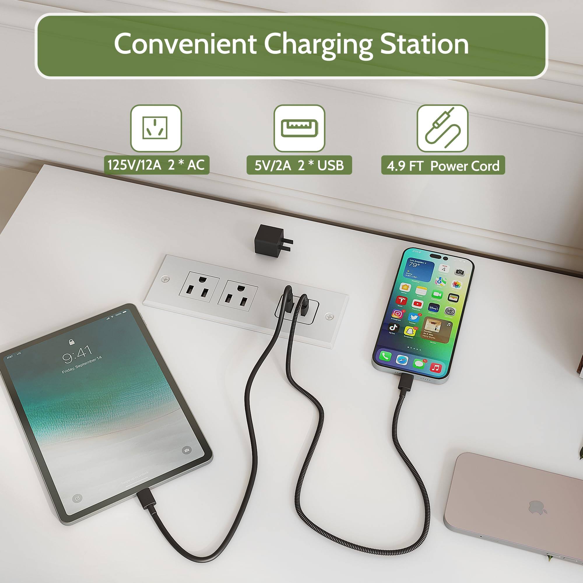 Convenient Charging Station

125V/12A 2 * AC  
5V/2A 2 * USB  
4.9 FT Power Cord