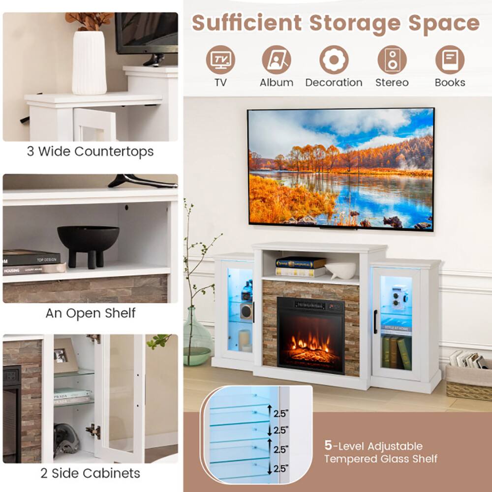 Sufficient Storage Space

- TV
- Album
- Decoration
- Stereo
- Books

3 Wide Countertops

An Open Shelf

2 Side Cabinets

5-Level Adjustable Tempered Glass Shelf

12.5" 2.5" 12.5" 2.5" 12.5" 2.5"