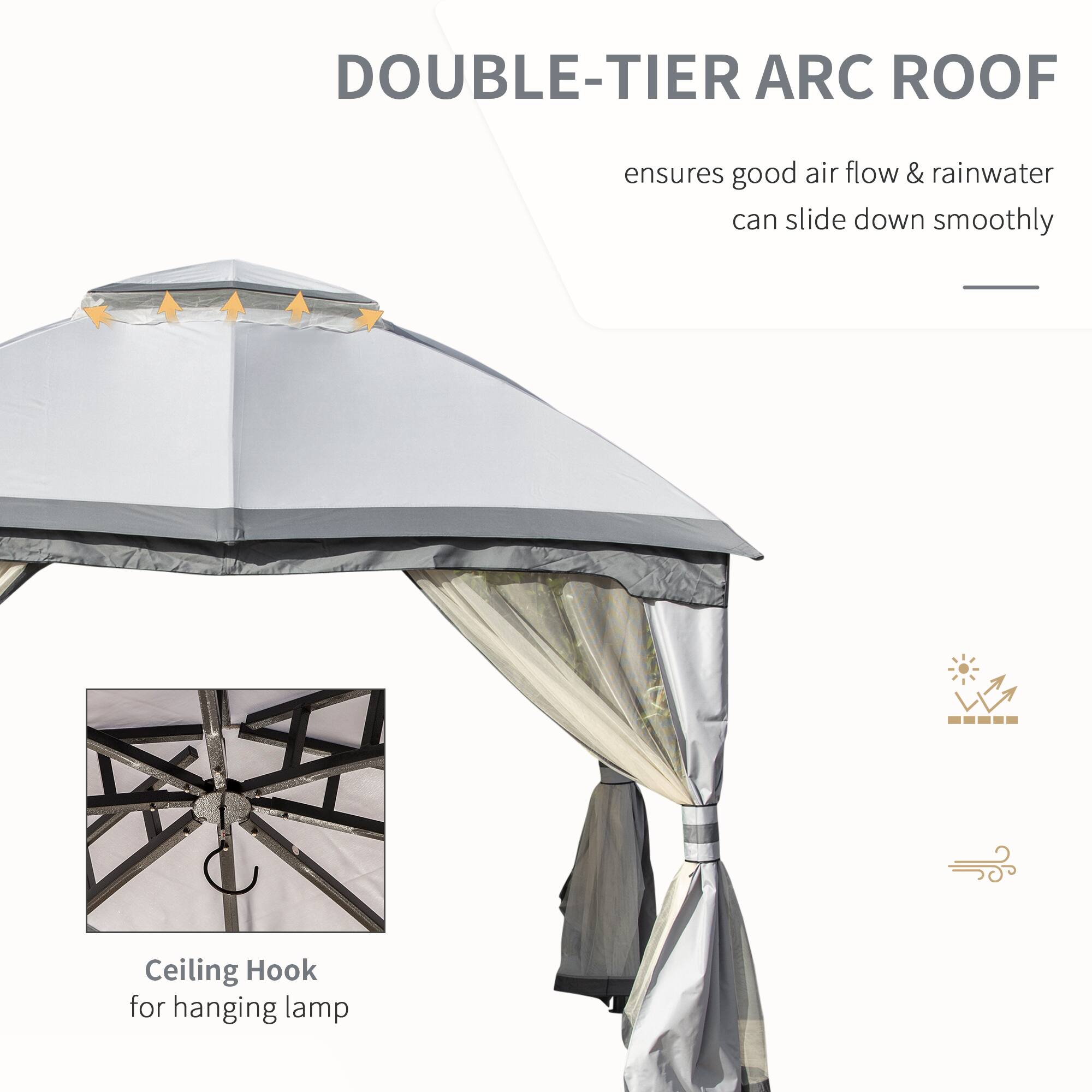 DOUBLE-TIER ARC ROOF ensures good air flow & rainwater can slide down smoothly
Ceiling Hook for hanging lamp