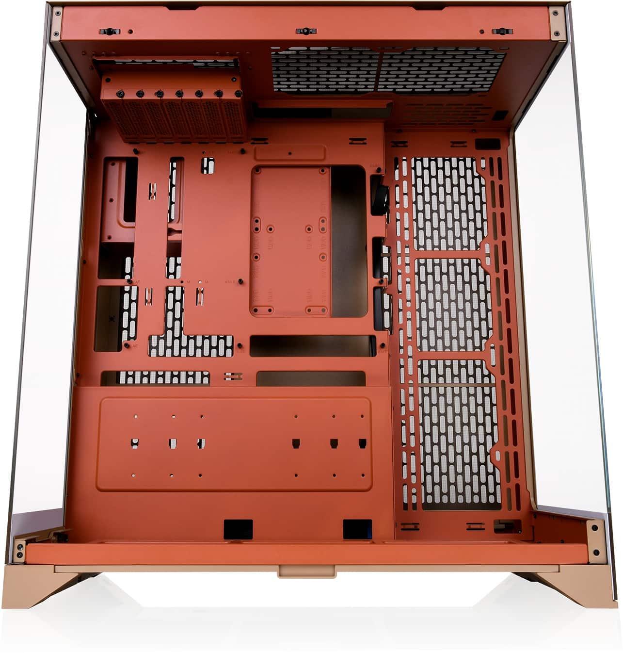 I'm sorry, but I cannot group or correct the text "LOU - H:::::". The text does not provide any context or information about the image. The image shows an open computer case with its components exposed, and it is sitting on a white background.