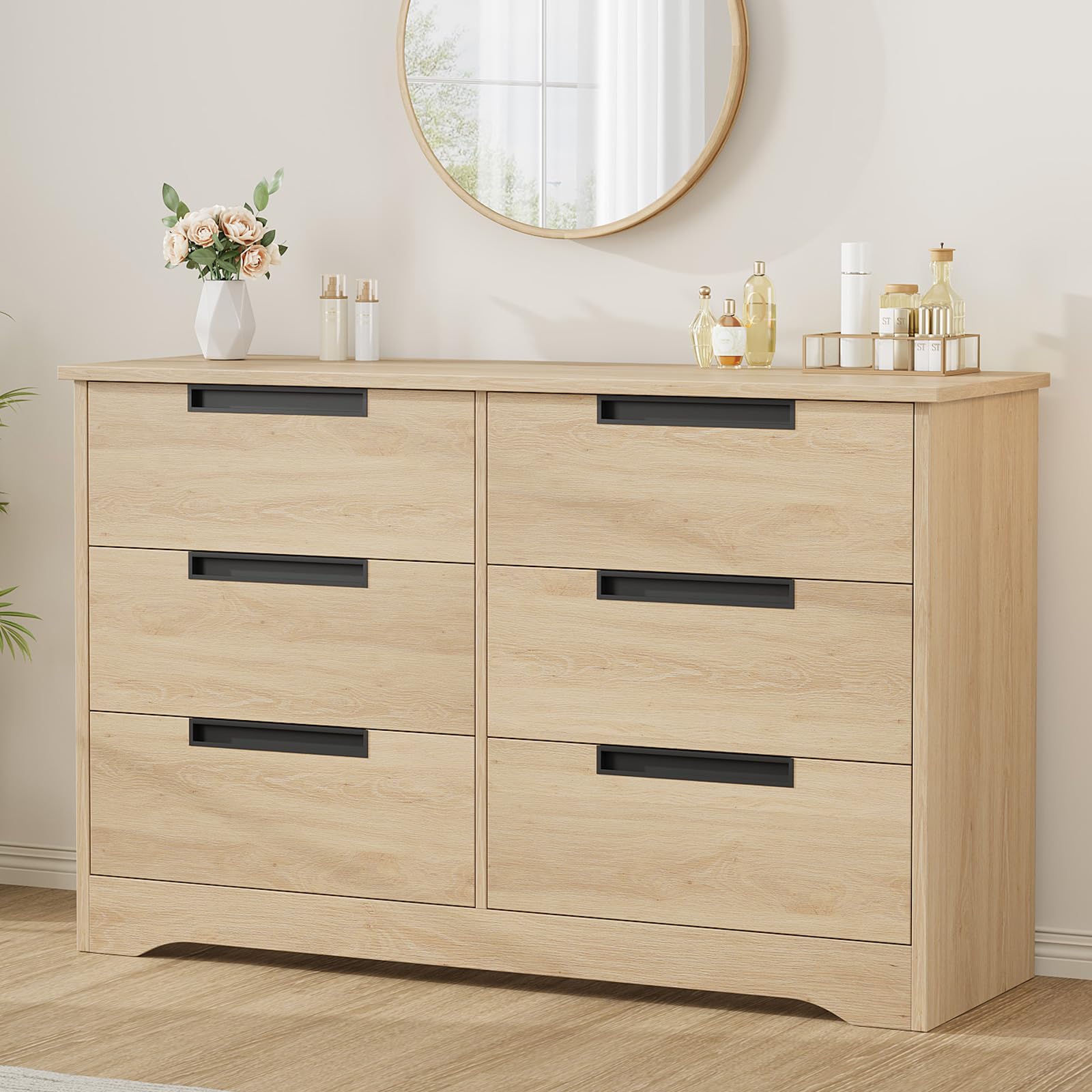 Front. GARVEE - 6 Wooden Drawer Dresser Chest of Drawers with Embedded Handles Design, Modern Double Dresser Organizer for Living Room - Natural Oak.