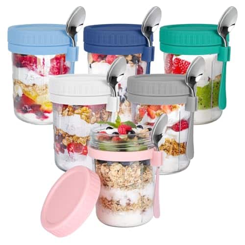 Fabibe - Overnight Oats Containers with Lids and Spoons 16 OZ Glass Mason Jars Large Capacity Airtight for Milk Cereal - 6 Pack