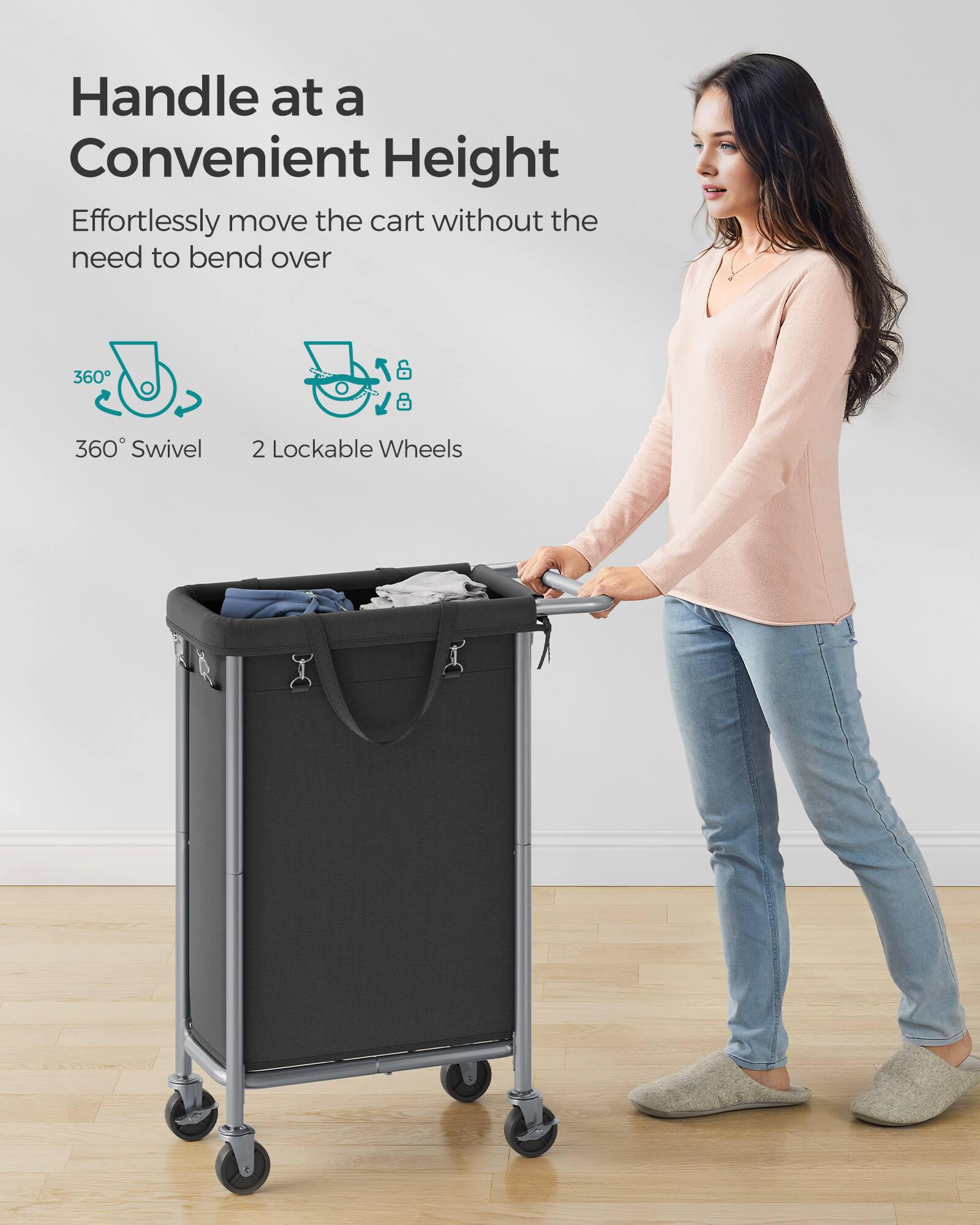 Handle at a Convenient Height

Effortlessly move the cart without the need to bend over

360° Swivel

2 Lockable Wheels