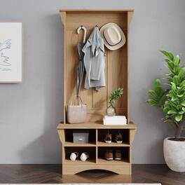 Emma + Oliver - Paula Hallway Tree with Bench, Coat Hooks, and Lower Storage Compartments with Adjustable Shelves - Weathered Natural
