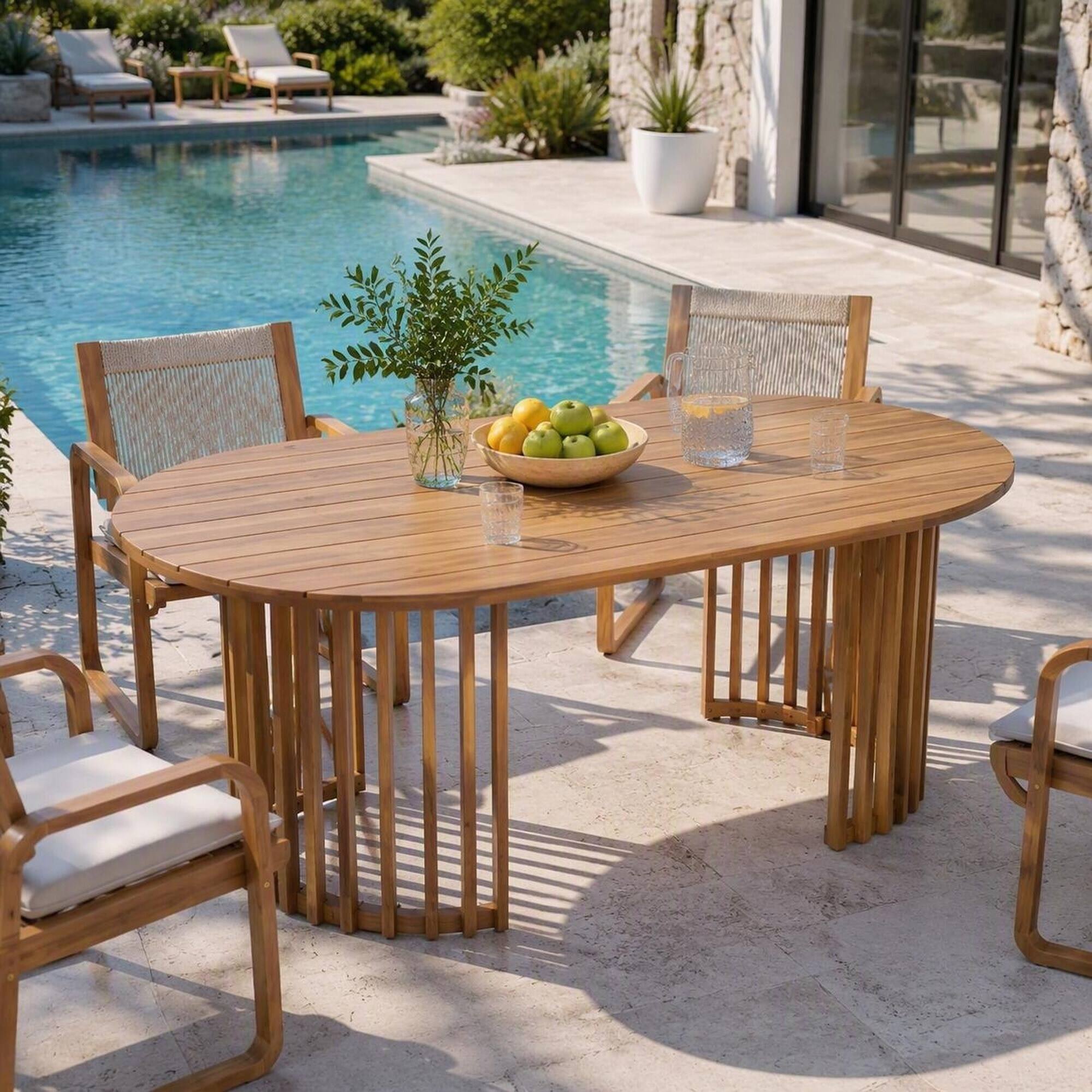 Alt View 1. RYHNUYNE - Outdoor Dining Table,Light Teak Oval Patio Table with Slatted Legs,Large Garden Table for 6-8 People - Light Teak.