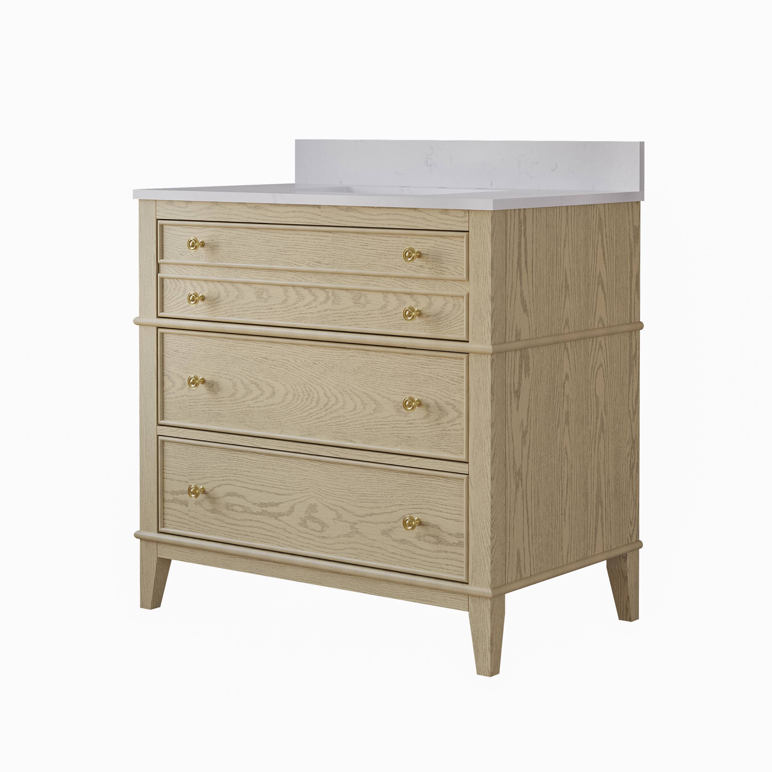 Alt View 6. WELLFOR - MEGAN 36 in. Freestanding Solid Wood Bath Vanity with Quartz Top, Single Sink, Soft Close, Assembled - OAK.
