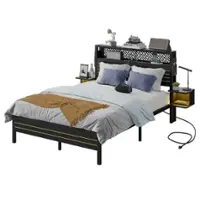 Bestier Full Bed Frame Golden Stripe Headboard LED Nightstands Metal Platform with Charging Station No Box Spring - Black - Front_Zoom