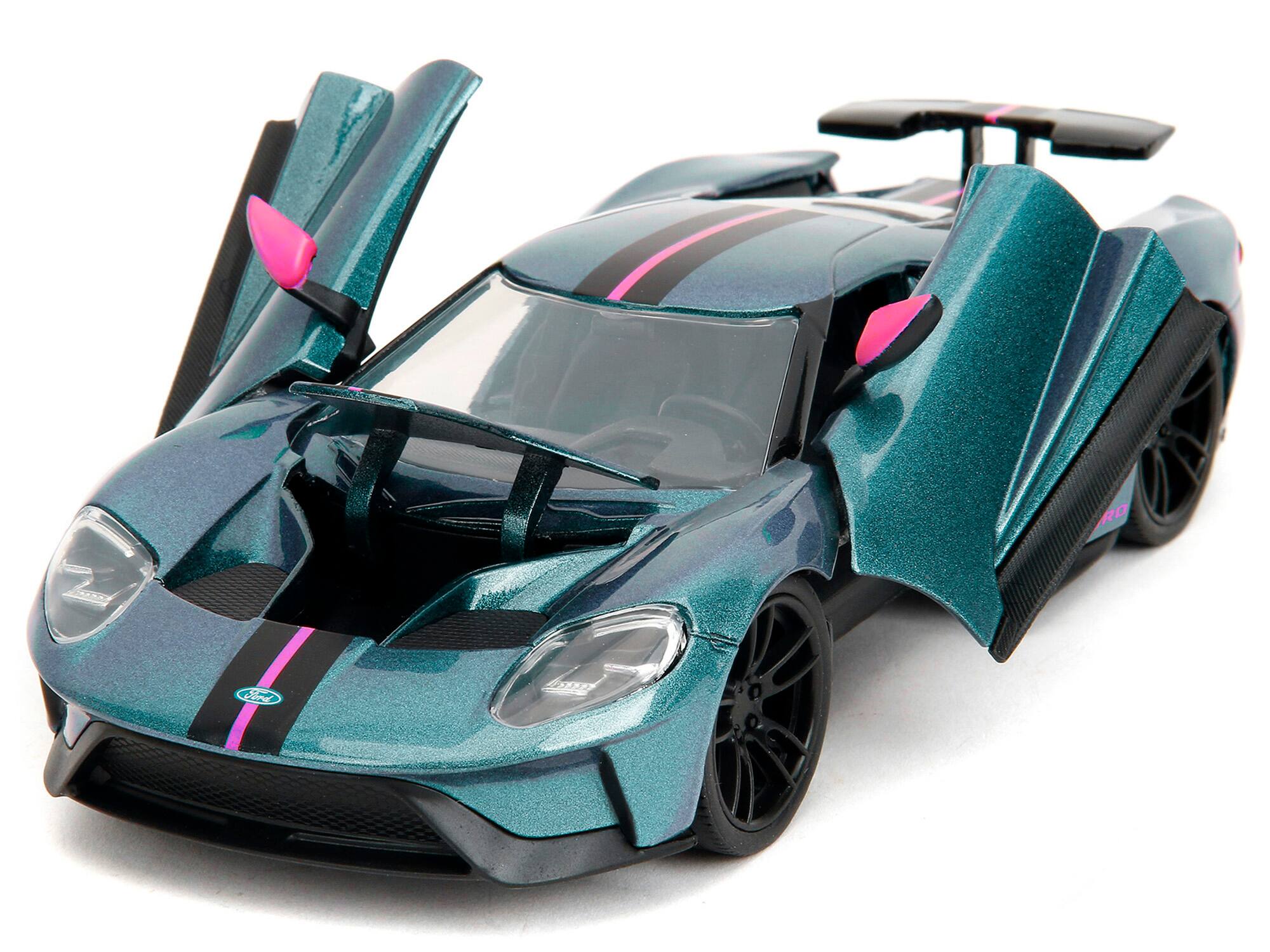 Angle. Jada - 2017 Ford GT Blue Metallic with Pink and Black Stripes "Pink Slips" Series 1/24 Diecast Model Car by Jada - Blue Metallic With Pink And Black.