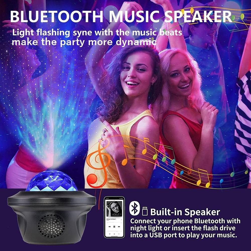 BLUETOOTH MUSIC SPEAKER  
Light flashing synch with the music beats make the party more dynamic  

Built-in Speaker  
Connect your phone Bluetooth with night light or insert the flash drive into a USB port to play your music.