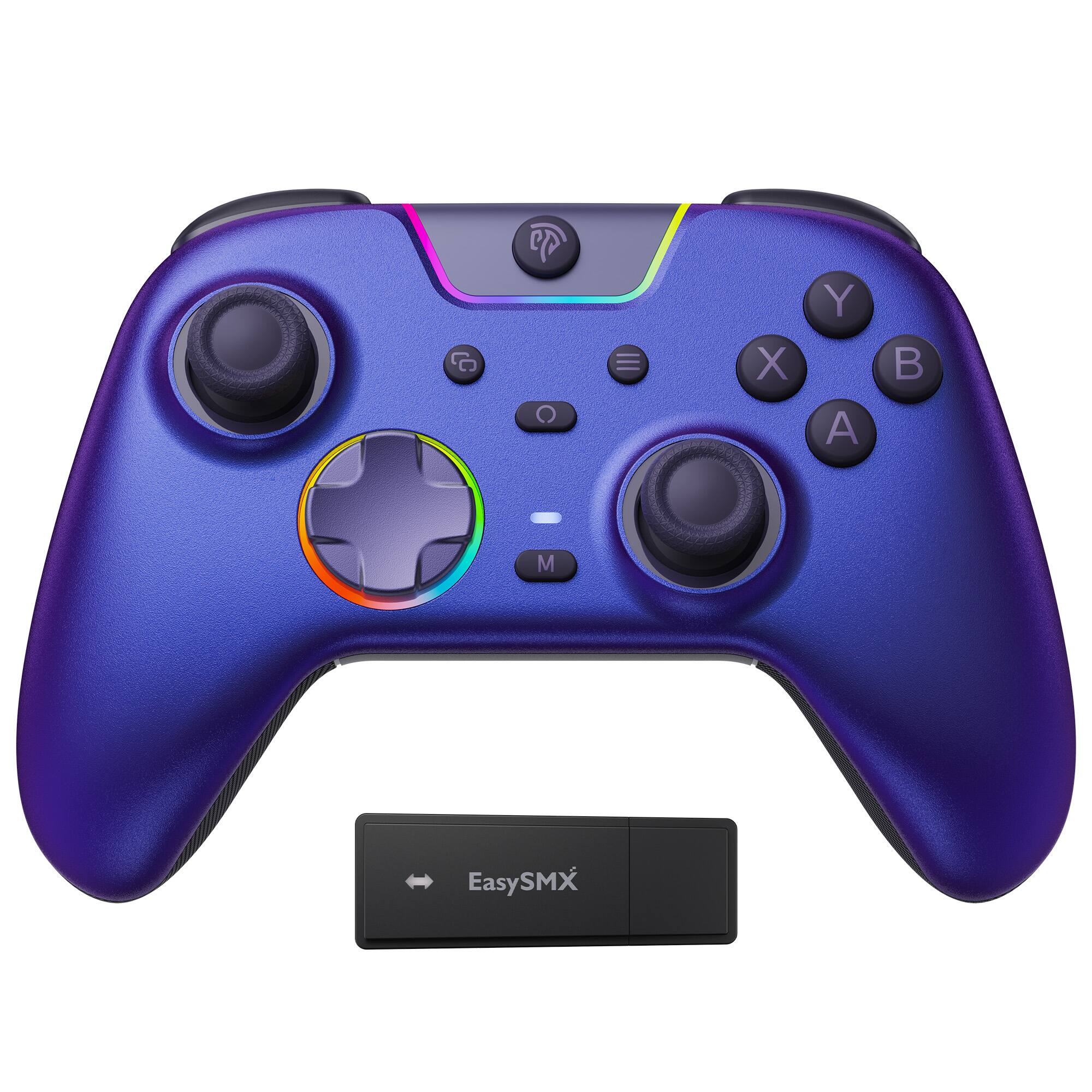 Front. EasySMX - X 05 Pro Bluetooth Controller for Switch/Switch 2/PC - Hall Effect Joystick, Mechanical Abutttons, 6-Axis Gyro, RGB - Aurora Purple.