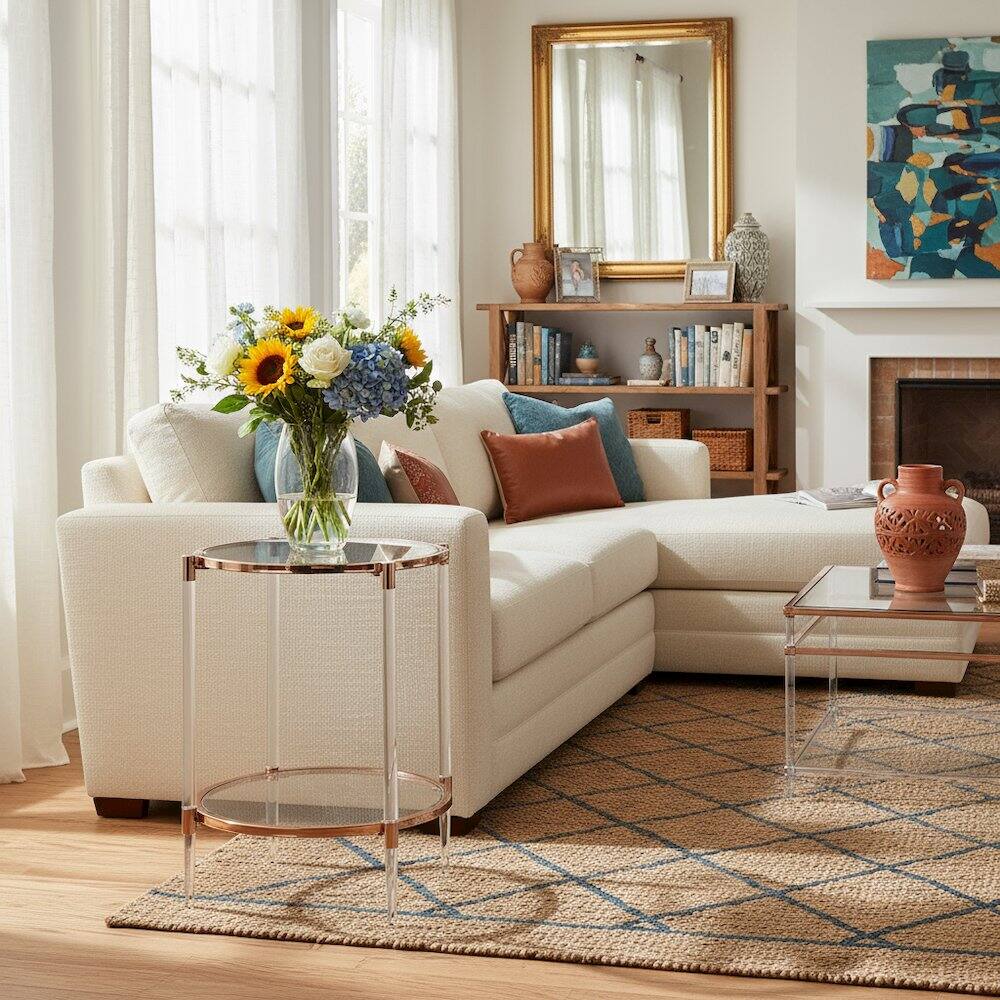 Alt View 3. FurniFact - End Table with 2 Glass Tiers, Acrylic Legs, Contemporary Style in Rose Gold - Rose Gold.