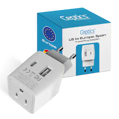 best travel adapter for backpacking europe Ceptics Italy, Plug Set - 2 Pack - with 2 USB + USA Socket Input - Type L and Type C - Ultra Compact Charge your devices in over 150 countries with our compact Universal Travel Adapter Universal Travel Adapter for Australia,