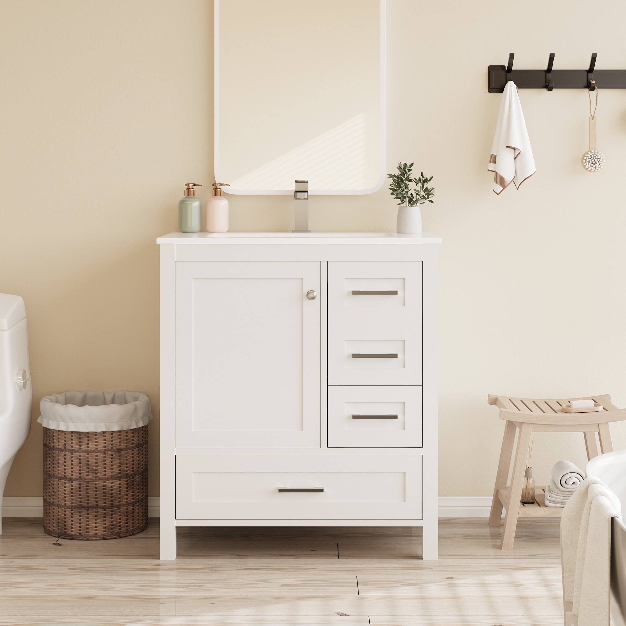 Alt View 5. U-HOMY - Modern Bathroom Vanity with Ceramic Sink, Soft-Close Storage Cabinet and Drawer, Glossy Countertop, White - 30"x18".
