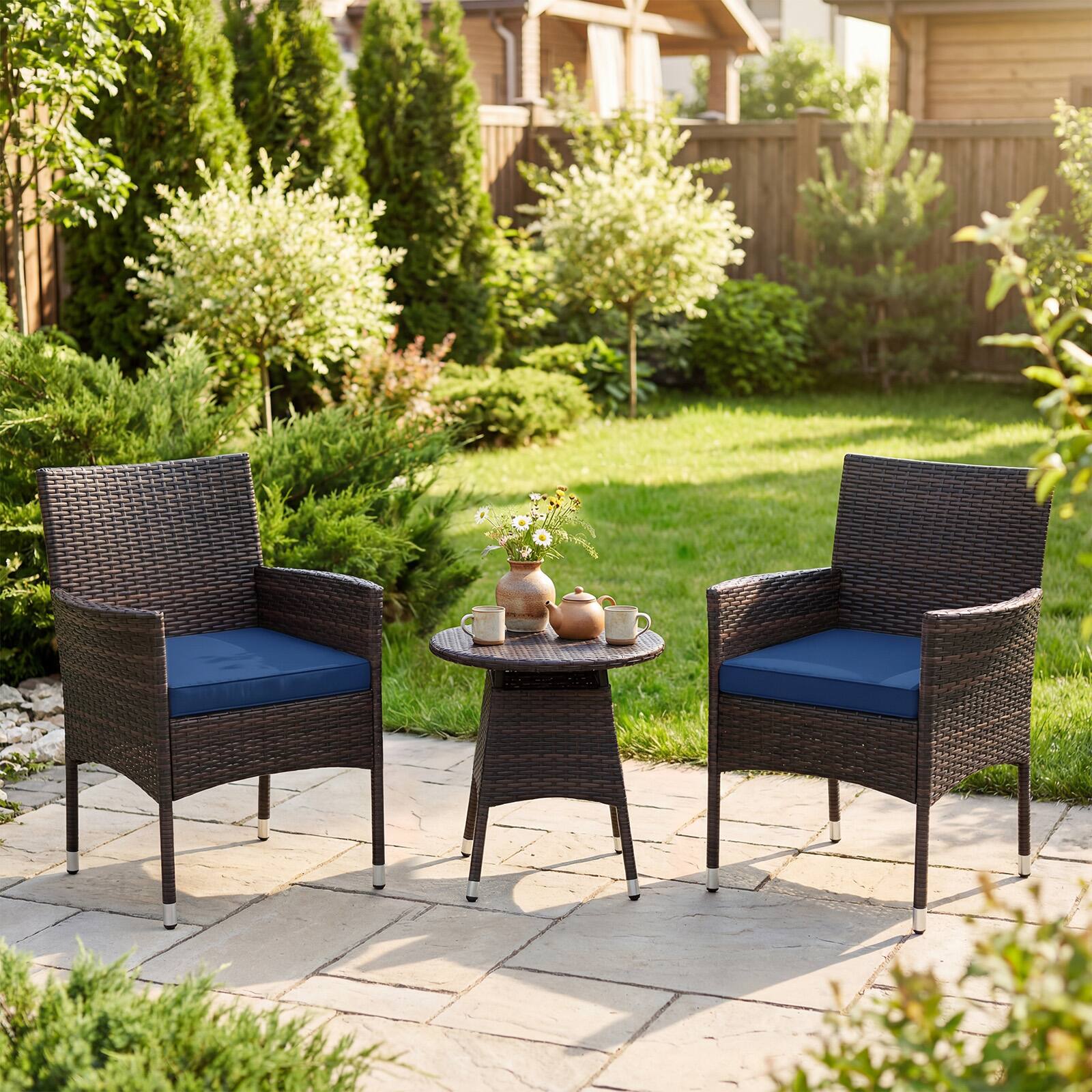Alt View 4. Costway - Costway 3 Piece Patio Furniture Set, Hand-Woven PE Wicker Conversation Set with Armchairs - Mix Brown&Blue.