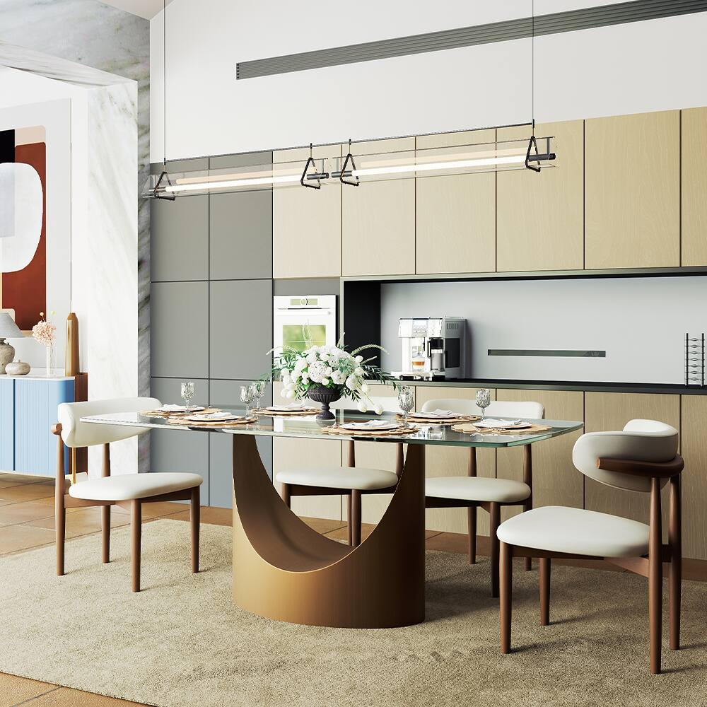 Left. POVISON - 71" Modern Glass  Long Dining Table for 6, Transparent Glass for Kitchen, Bronze Stainless Steel Pedestal Kitchen Table - Transparent.