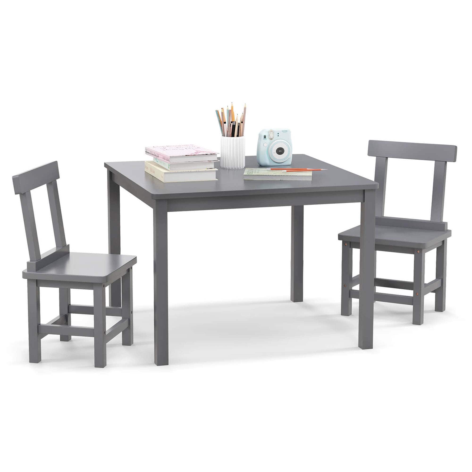 Costway - Wooden Kids Table and 2 Chairs Set with Rubber Wood Legs Anti-slip Foot Pads - Gray