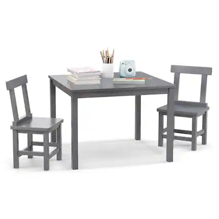 Front. Costway - Costway Wooden Kids Table and 2 Chairs Set with Rubber Wood Legs Anti-slip Foot Pads - Gray.