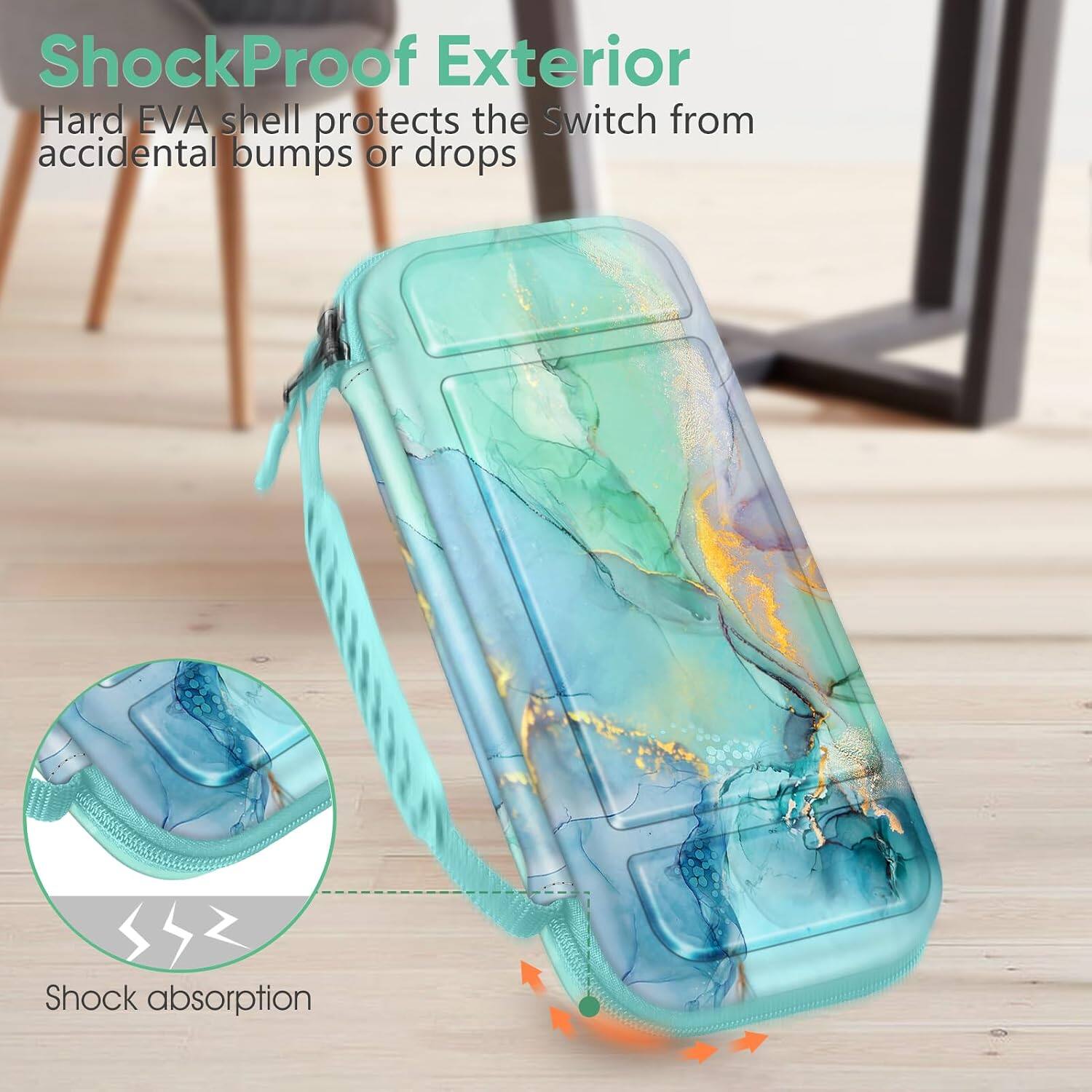 ShockProof Exterior Hard EVA shell protects the Switch from accidental bumps or drops  
Shock absorption