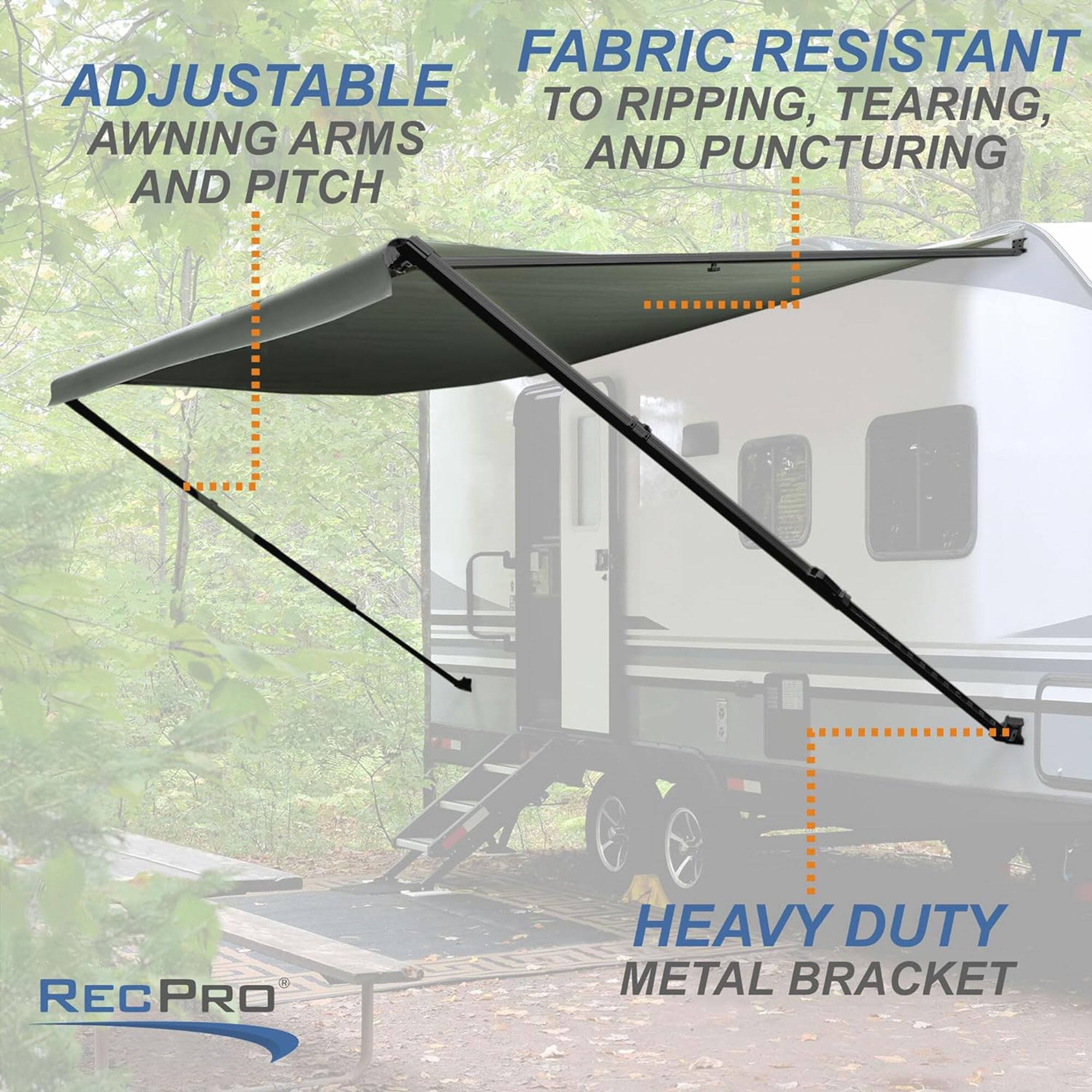 - Adjustable Awning Arms and Pitch
- Fabric Resistant to Ripping, Tearing, and Puncturing
- Heavy Duty Metal Bracket
