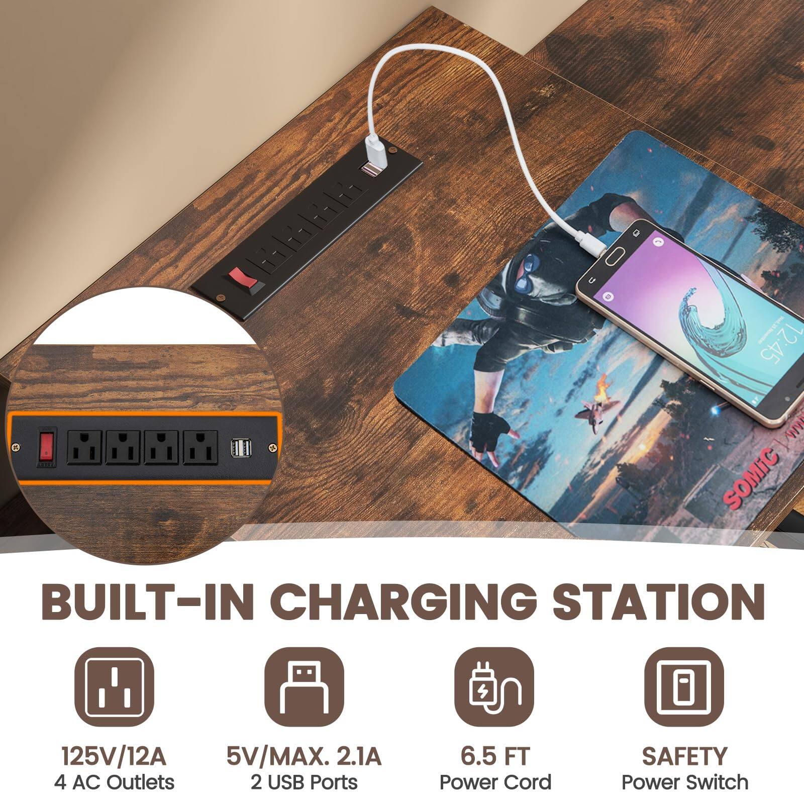 SOMIC BUILT-IN CHARGING STATION 125V/12A 5V/MAX. 2.1A 4 AC Outlets 2 USB Ports 6.5 FT Power Cord SAFETY Power Switch
