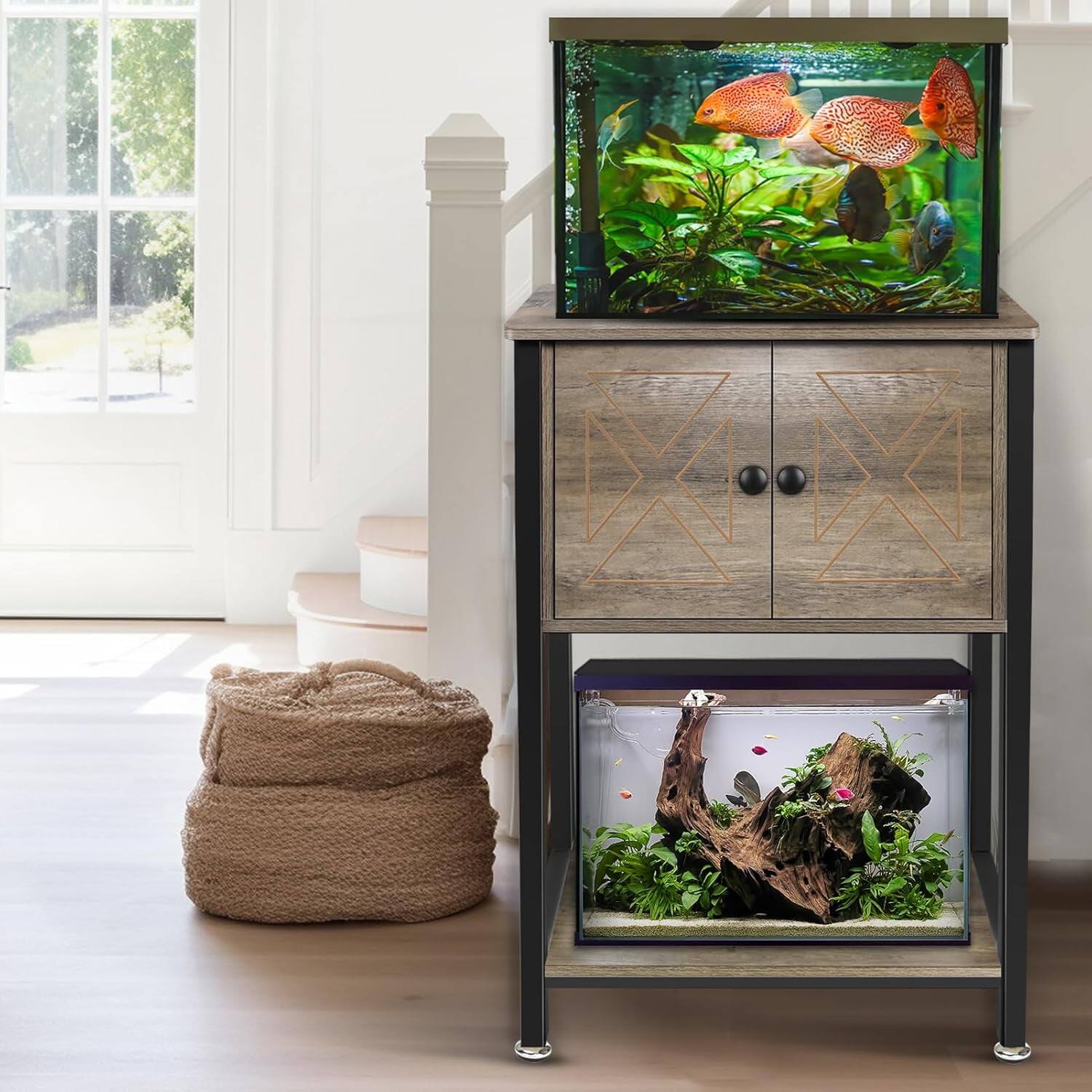 Alt View 2. HIMMLINE - 5-10 Gallon Fish Tank Stand, Aquarium Stand, Heavy Duty Double Fish Tank Table with Storage & Power Outlets, 20.5"* 11" - Grey.