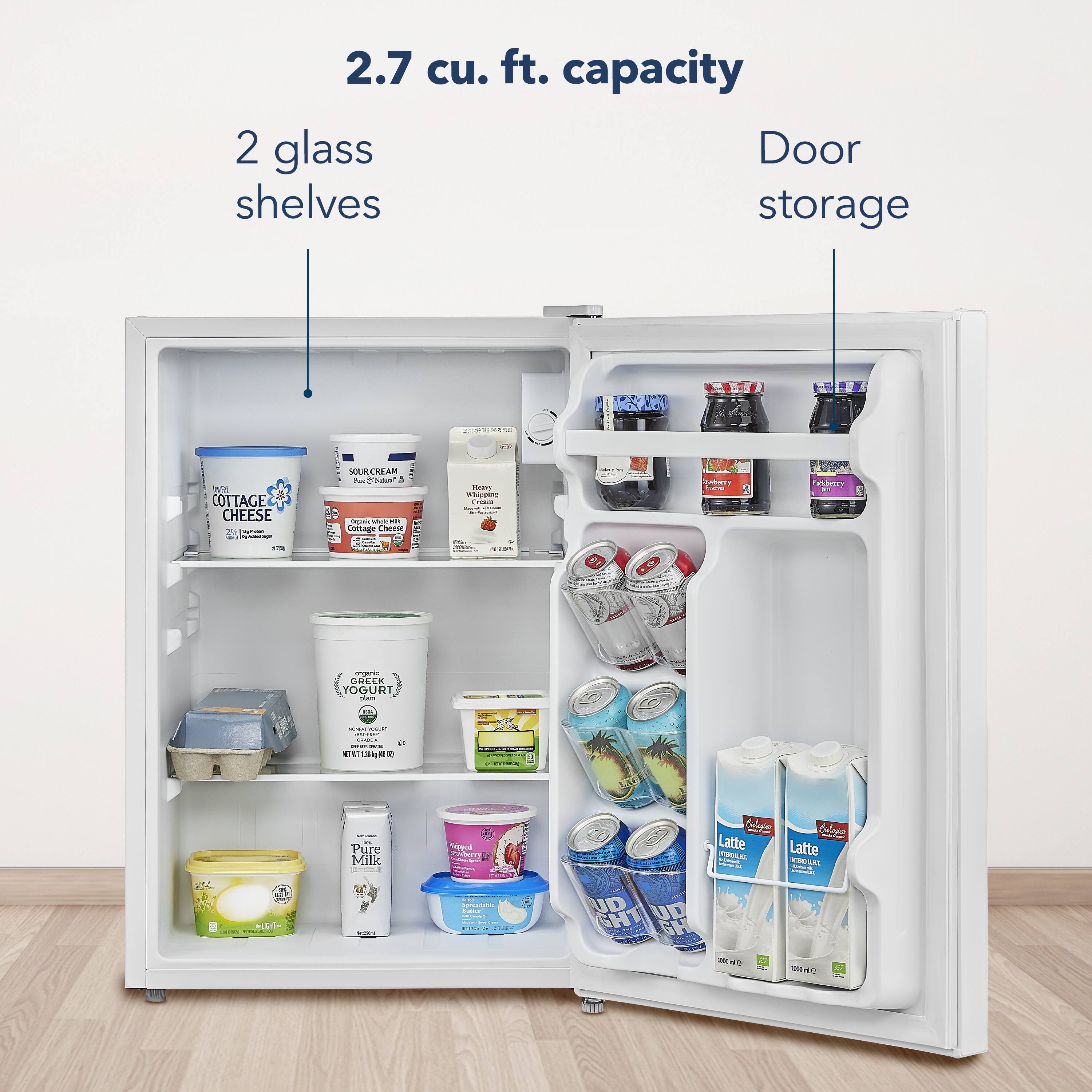 2.7 cu. ft. capacity

2 glass shelves

Door storage

Cottage Cheese & Sour Cream

Greek Yogurt

Pure Milk

Latte

Light

Dark