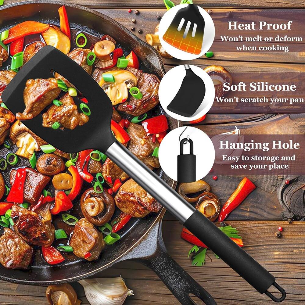 Heat Proof  
Won't melt or deform when cooking  

Soft Silicone  
Won't scratch your pan  

Hanging Hole  
Easy to storage and save your place