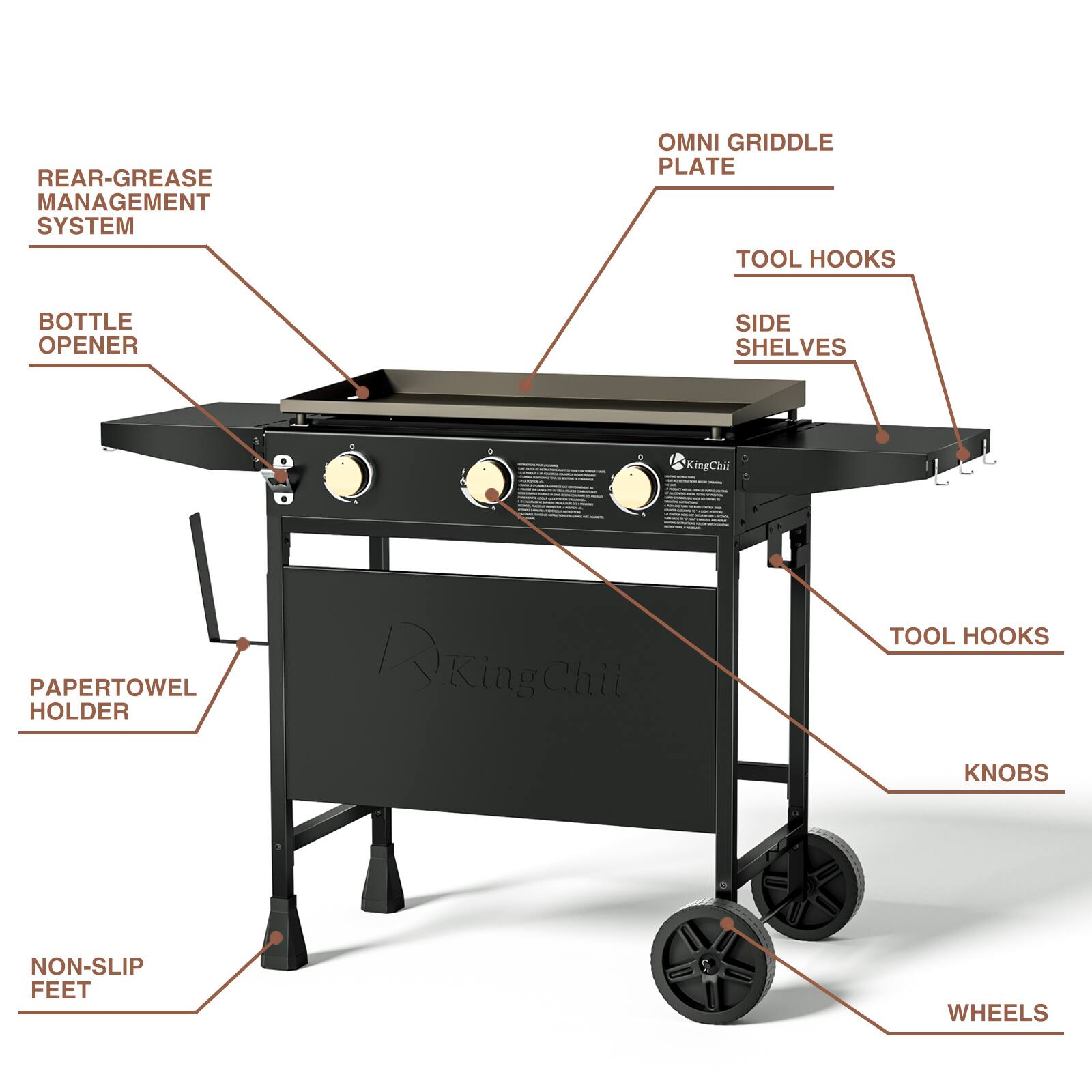 REAR-GREASE MANAGEMENT SYSTEM  
OMNI GRIDDLE PLATE  
TOOL HOOKS  
BOTTLE OPENER  
SIDE SHELVES  
PAPERTOWEL HOLDER  
TOOL HOOKS  
KNOBS  
NON-SLIP FEET  
WHEELS