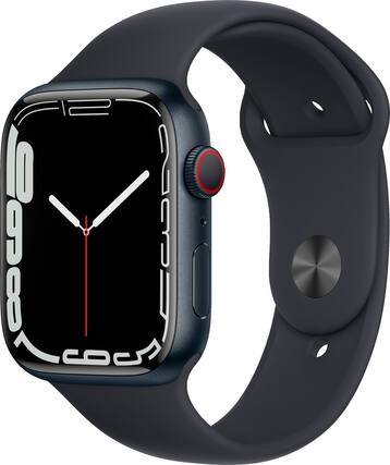 Angle. Apple - Geek Squad Certified Refurbished Apple Watch Series 7 (GPS + Cellular) 45mm Midnight Aluminum Case with Midnight Sport - Midnight.