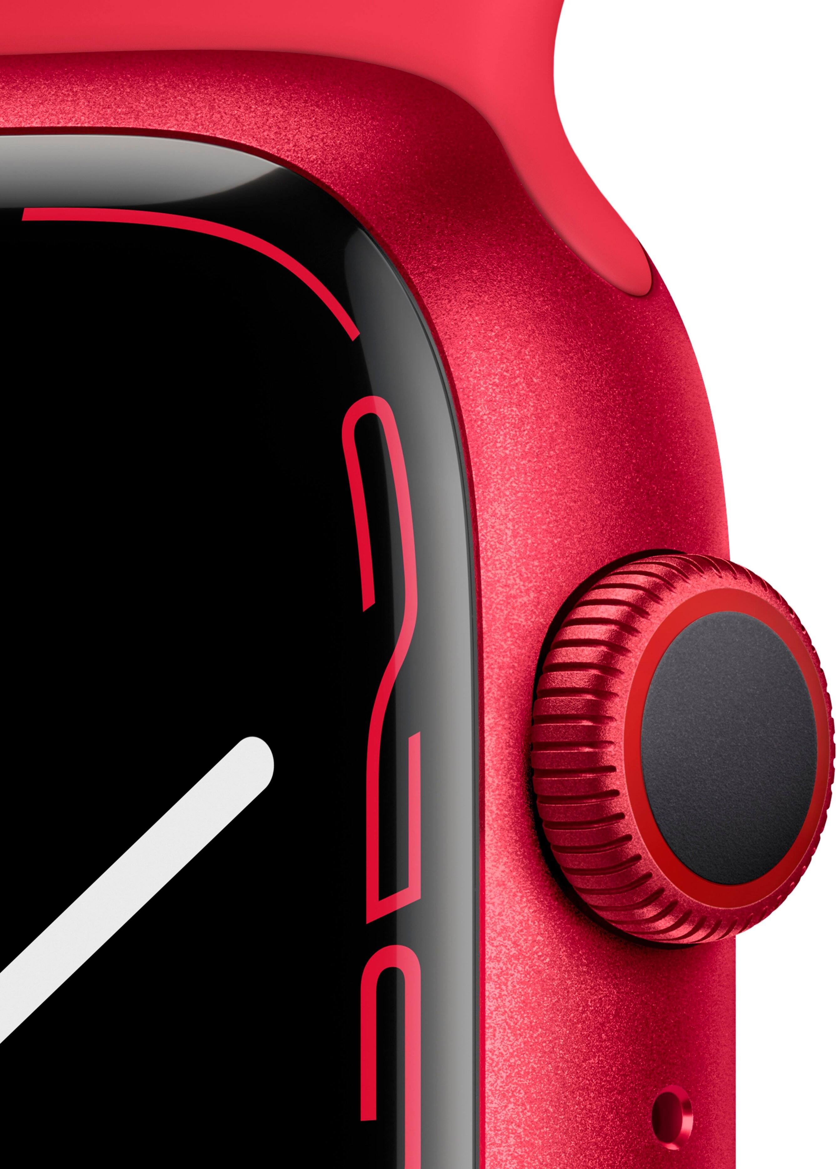 Alt View 12. Apple - Geek Squad Certified Refurbished Apple Watch Series 7 (GPS + Cellular) 45mm Aluminum Case with (PRODUCT)RED Sport Band - (PRODUCT)RED.