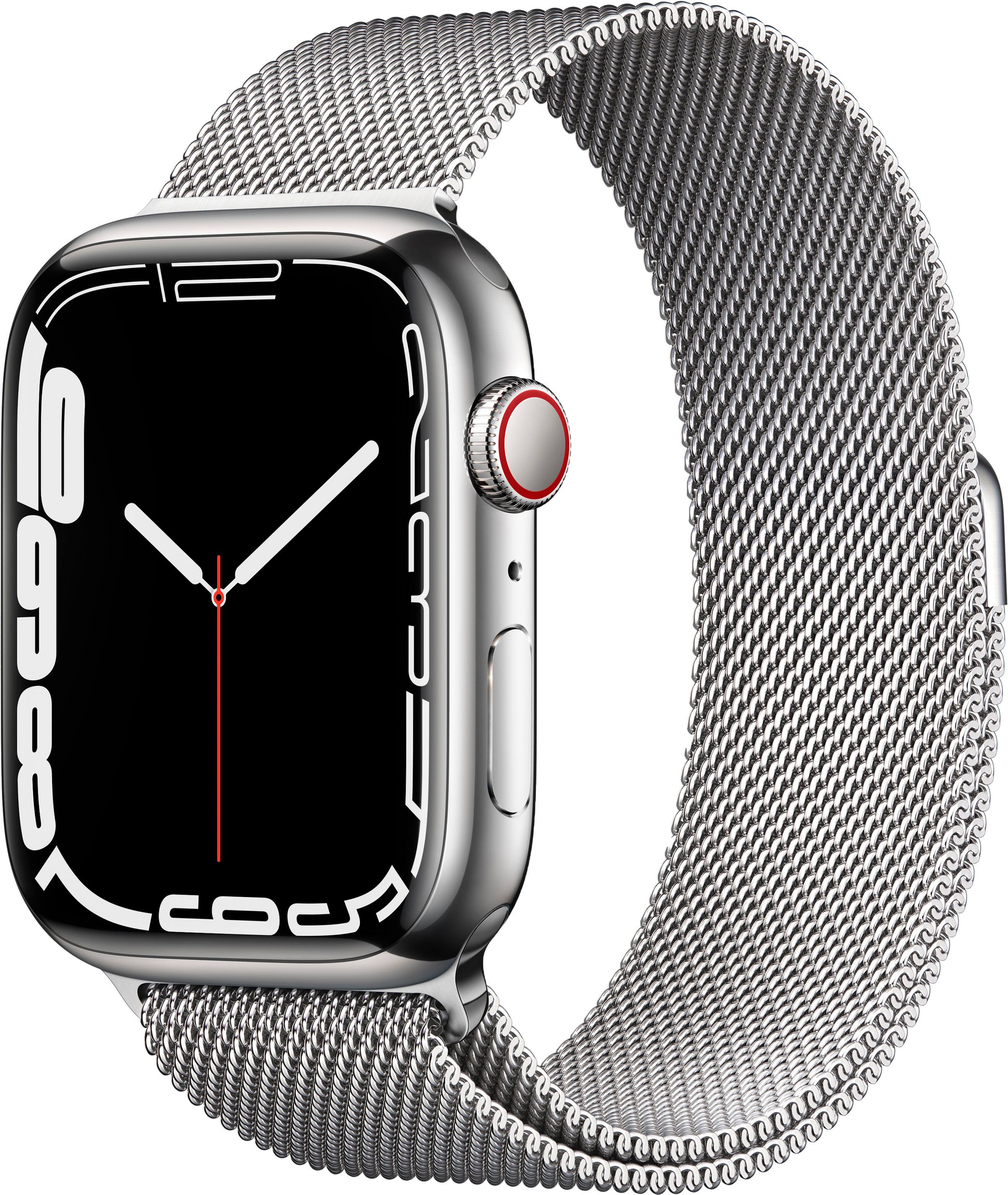 Front. Apple - Apple Watch Series 7 (GPS + Cellular) 45mm Silver Stainless Steel Case with Silver Milanese Loop - Silver.