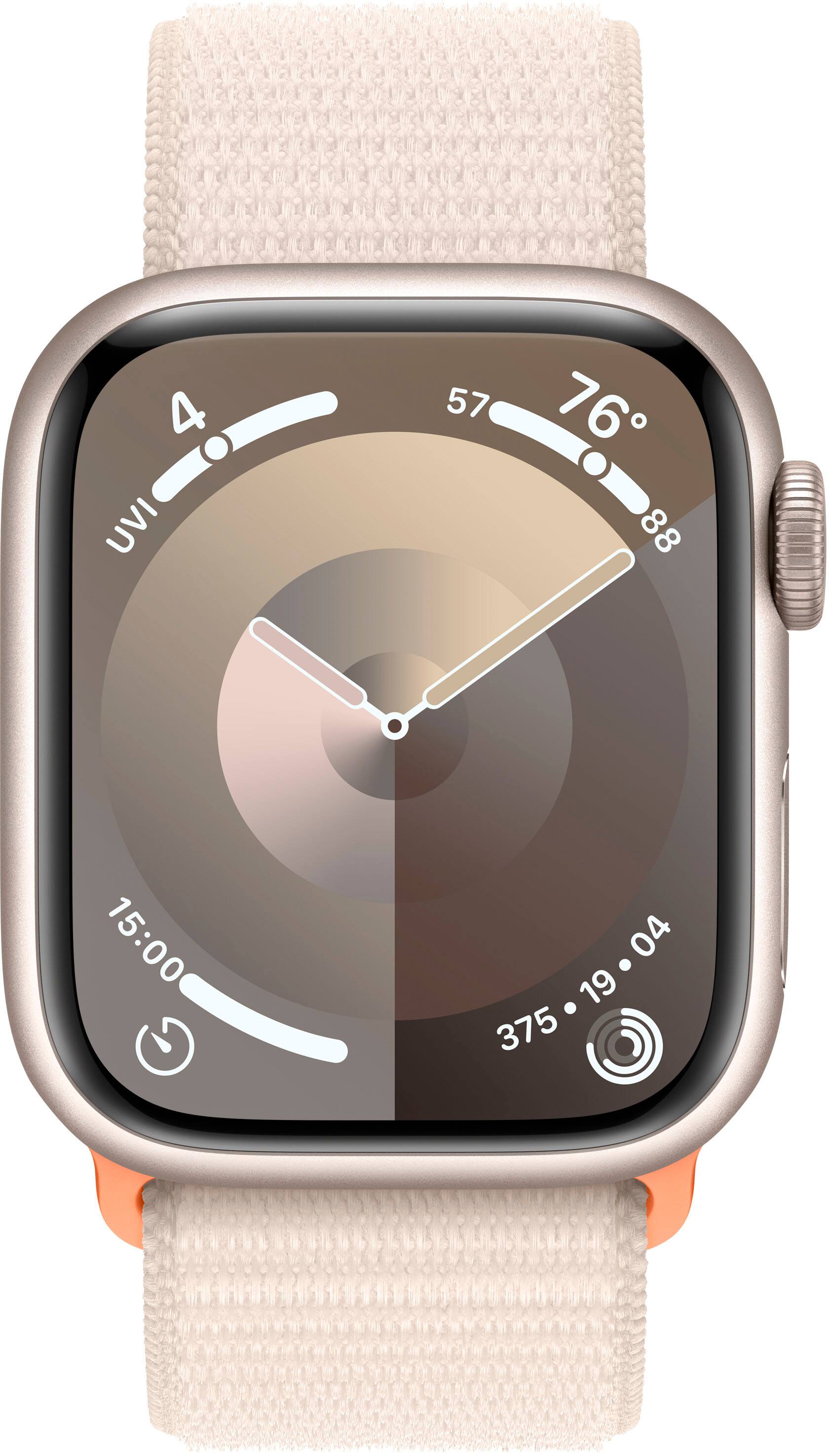 Angle. Apple - Apple Watch Series 9 (GPS + Cellular) 41mm Starlight Aluminum Case with Starlight Sport Loop with Blood Oxygen - Starlight.