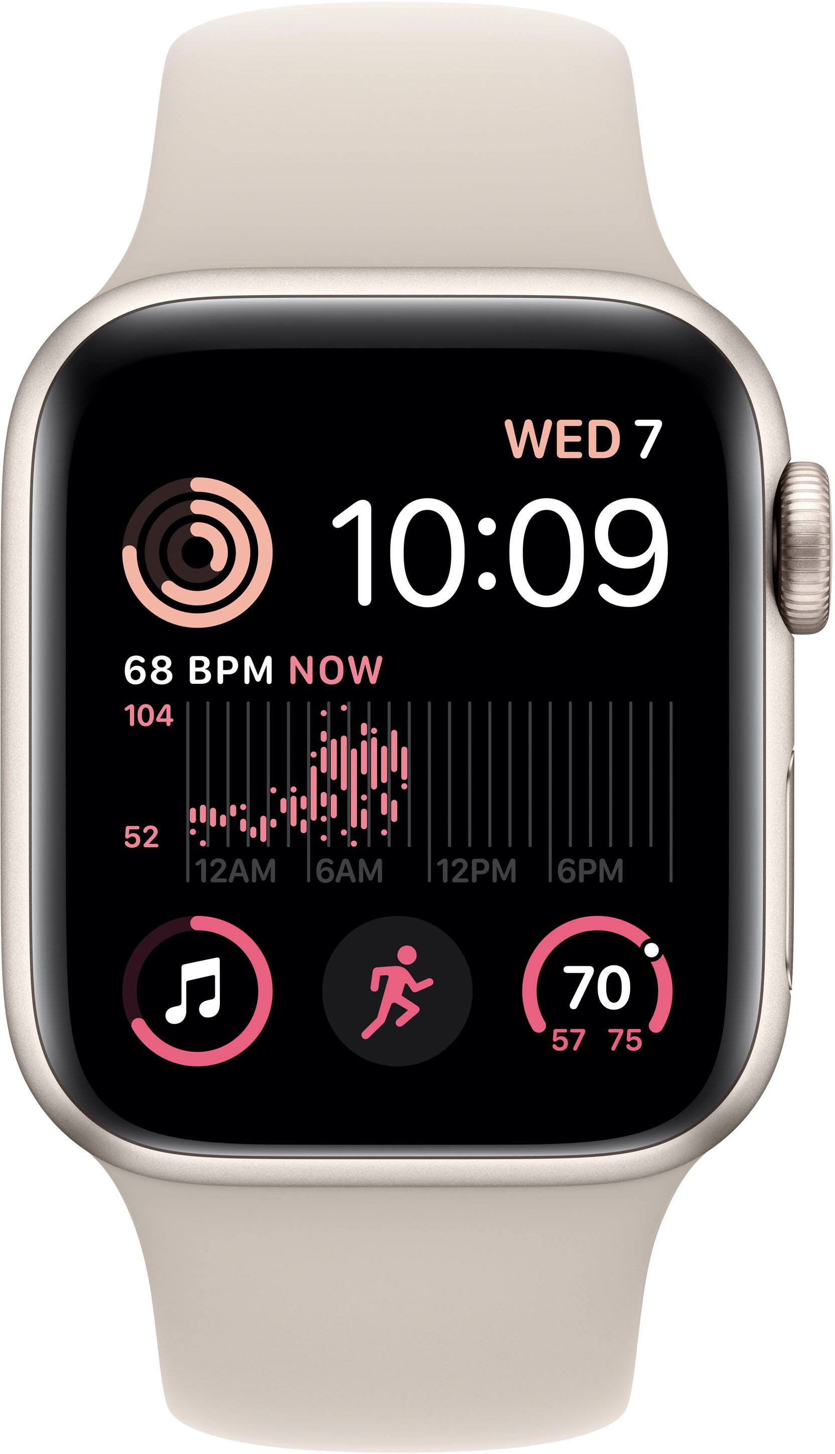 The text on the image reads: "WED 7 10:09 68 BPM NOW 104 52 12AM 6AM 12PM 6PM 70 57 75." This information is displayed on the face of a watch, which is showing the time, date, and heart rate. The heart rate is currently at 68 BPM, and the watch is displaying the time as 10:09. The watch also provides information about the user's daily schedule, including the time of day and the time of the last heart rate measurement.
