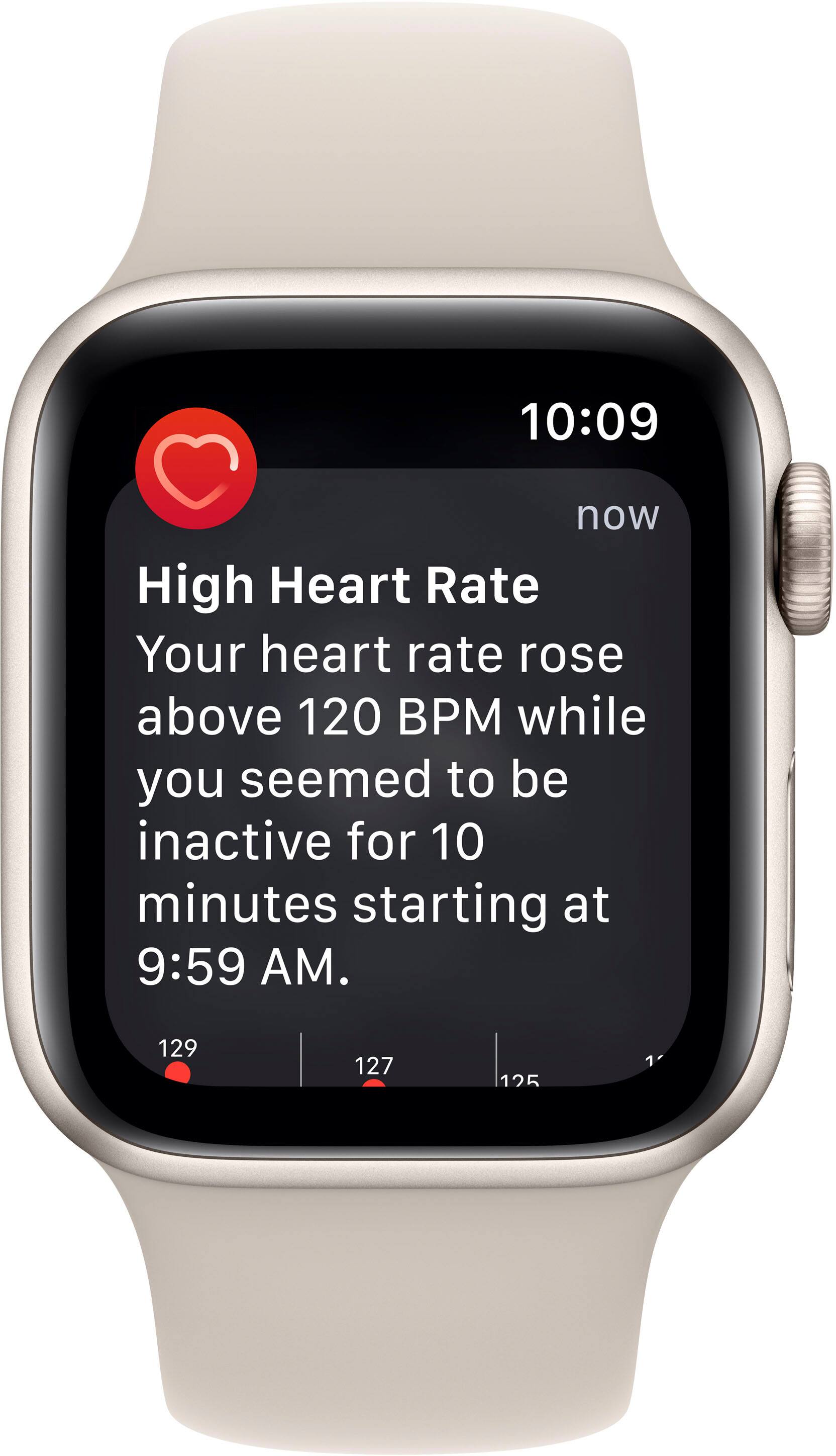 The text on the image reads: "Your heart rate rose above 120 BPM while you seemed to be inactive for 10 minutes starting at 9:59 AM. 129 127 125."