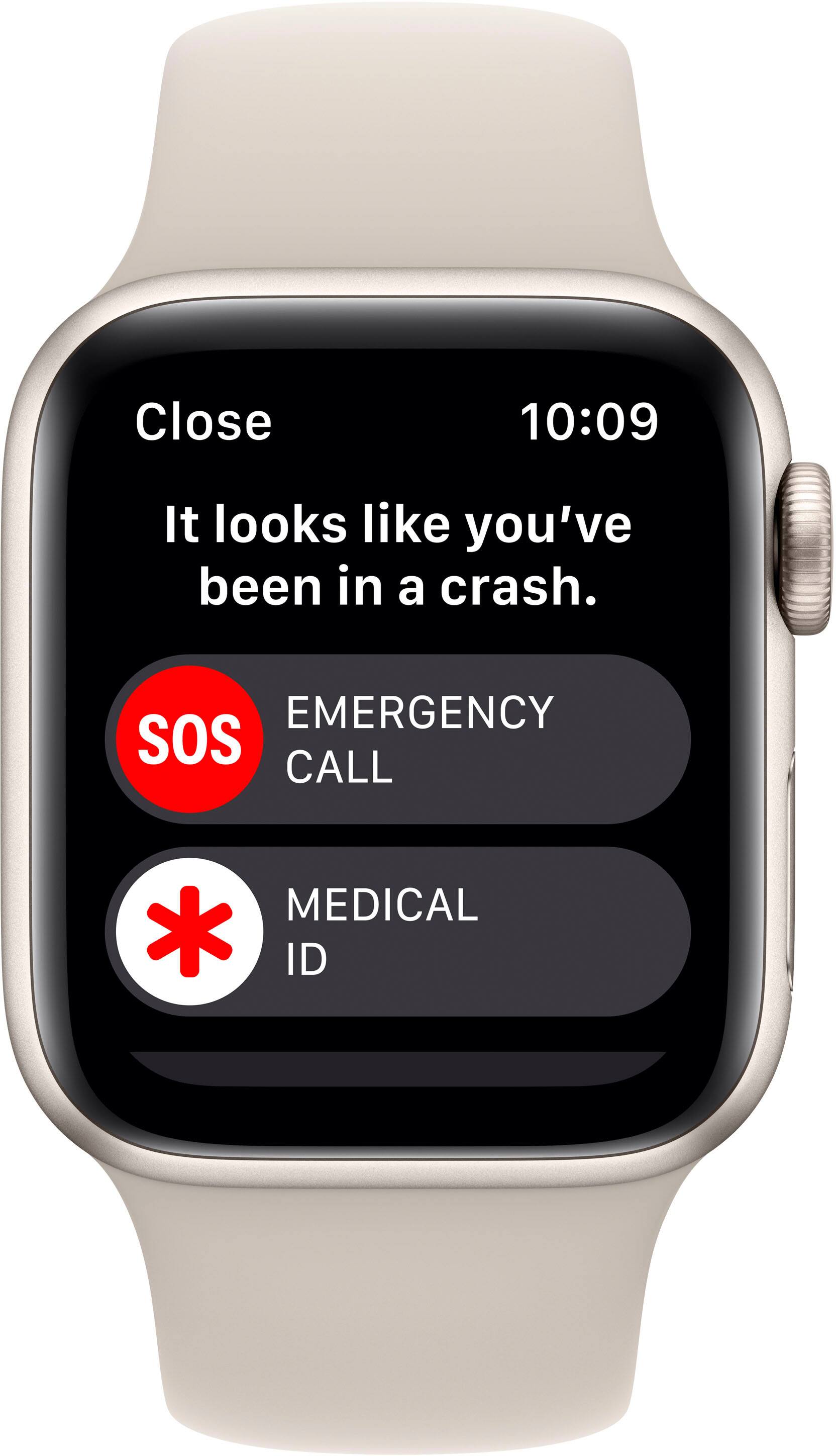 The text on the image reads: "Close 10:09 It looks like you've been in a crash. EMERGENCY SOS CALL MEDICAL * ID."