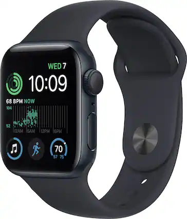 Front. Apple - Apple Watch SE 2nd Generation (GPS) 40mm Aluminum Case with Midnight Sport Band - M/L - Midnight.