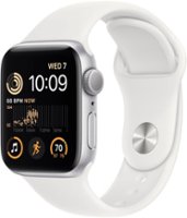Apple Watch SE 2nd Generation (GPS) 40mm Aluminum Case with White Sport Band - S/M - Silver - Front_Zoom