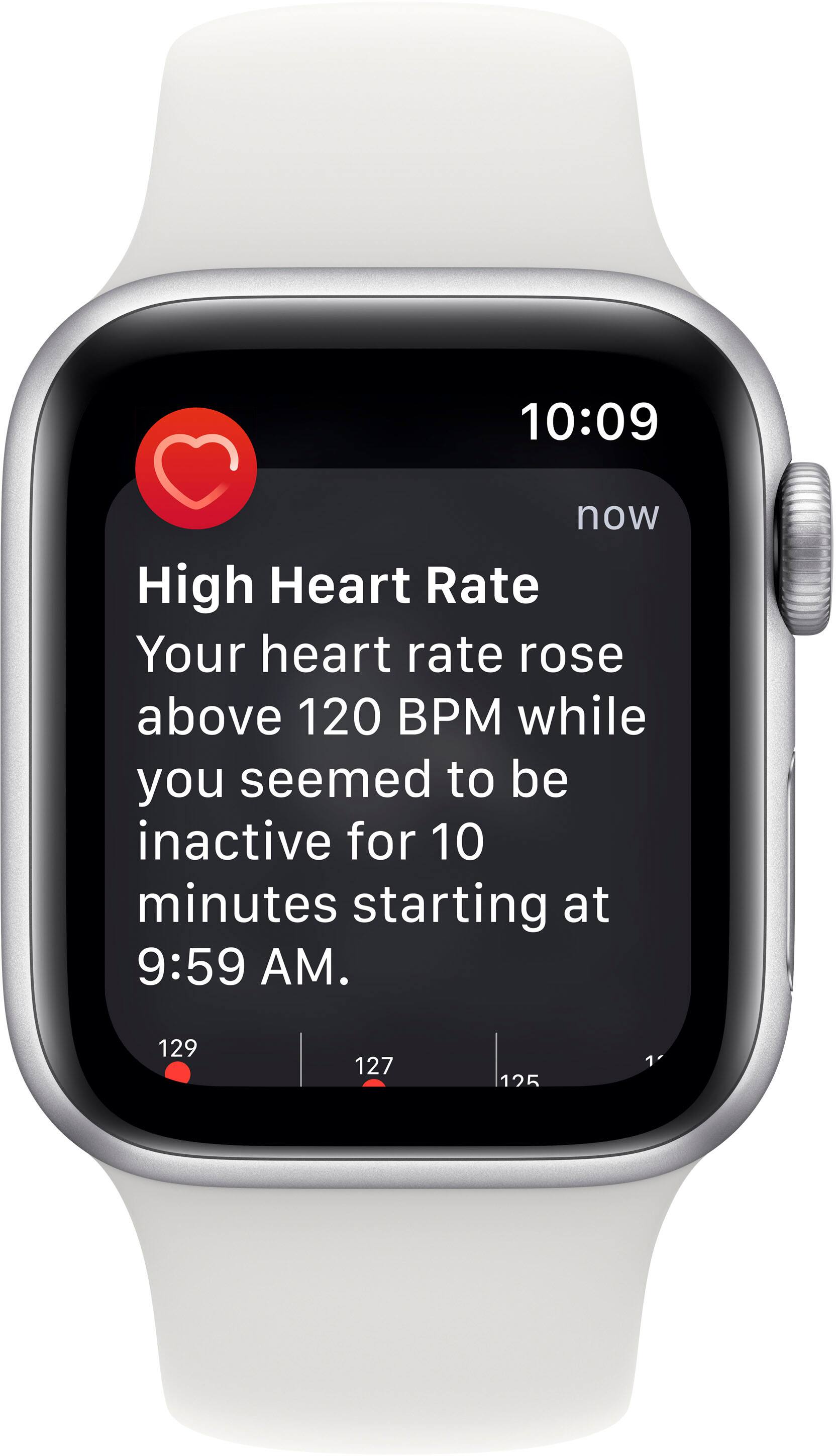The text on the image reads: "10:09 now High Heart Rate Your heart rate rose above 120 BPM while you seemed to be inactive for 10 minutes starting at 9:59 AM. 129 127 125 1."