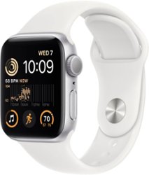 Apple Watch SE 2nd Generation (GPS) 40mm Aluminum Case with White Sport Band - M/L - Silver - Front_Zoom