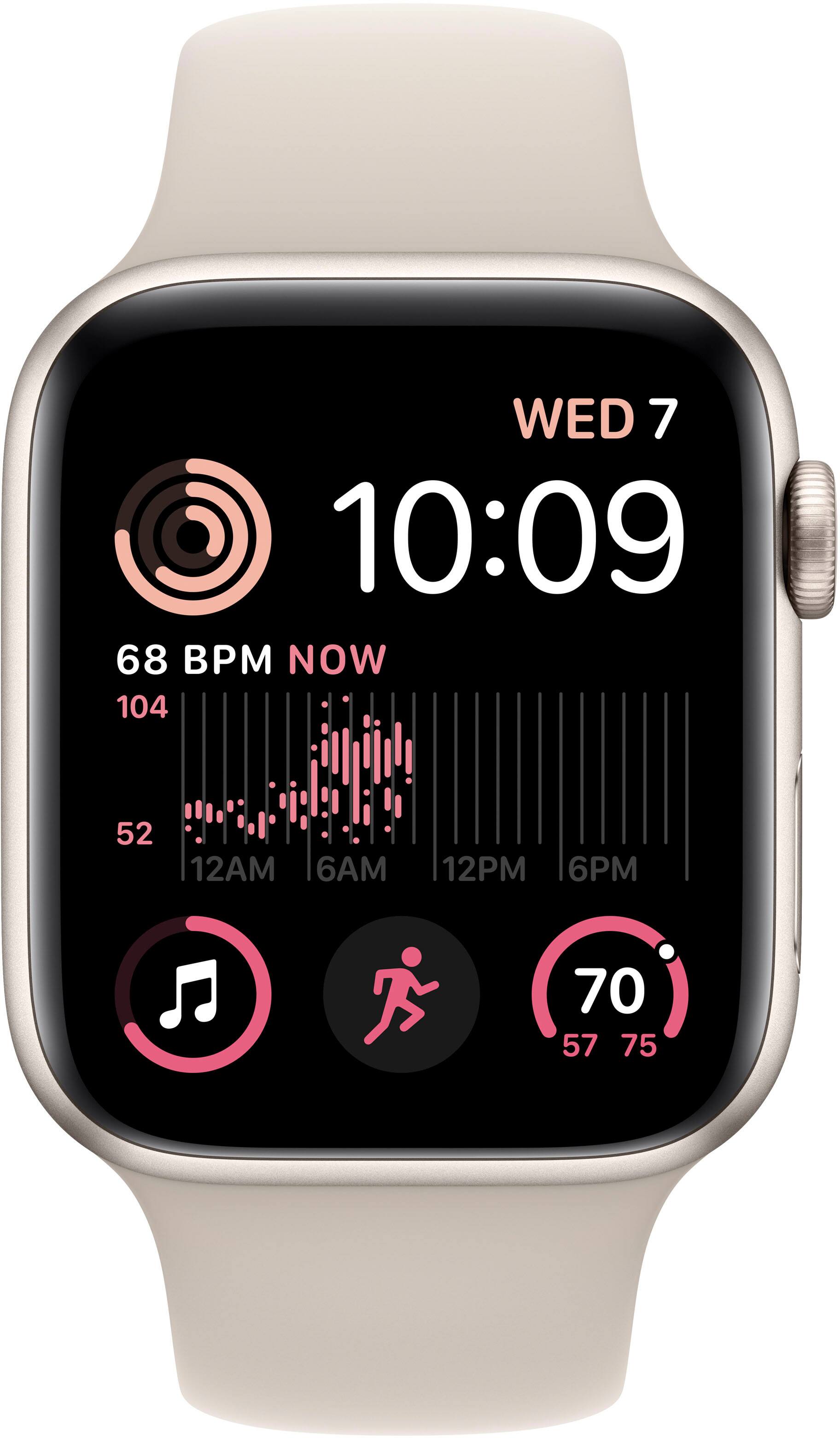 The text on the image reads: "WED 7 10:09 68 BPM NOW 104 52 12AM 6AM 12PM 6PM 70 57 75." This information is displayed on a watch face, showing the date, time, and heart rate. The heart rate is currently at 68 BPM, and the watch is tracking the user's activity levels. The watch also provides information about the user's sleep patterns, including the average heart rate during sleep and the average sleep duration.