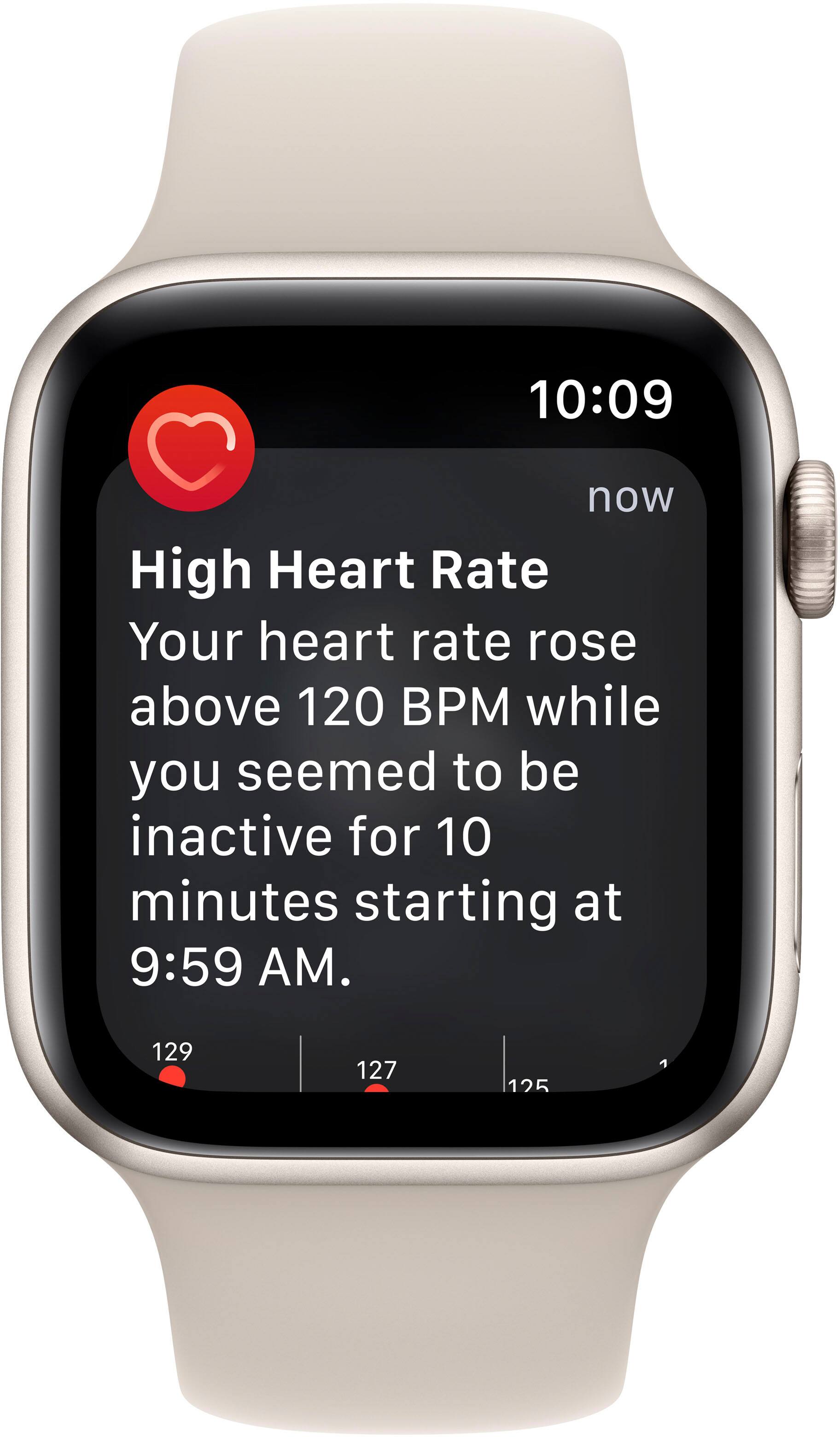 High Heart Rate: Your heart rate rose above 120 BPM while you seemed to be inactive for 10 minutes starting at 9:59 AM. 129 127 125.