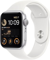 Apple Watch SE 2nd Generation (GPS) 44mm Aluminum Case with White Sport Band - S/M - Silver - Front_Zoom