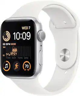 Geek Squad Certified Refurbished Apple Watch SE 2nd Generation (GPS) 44mm Aluminum Case with White Sport Band - M/L - Silver - (2022)