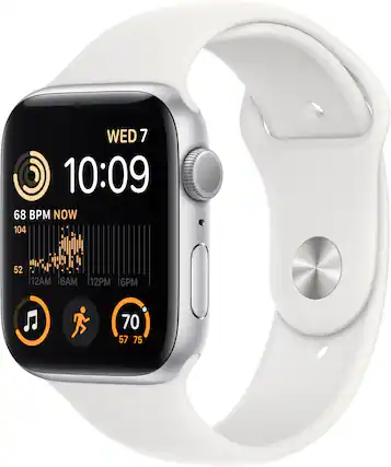 The image shows a watch with a white band and a black face. The time displayed is 10:09, and the day is Wednesday. The watch also shows the heart rate, which is currently at 68 BPM. The watch is displaying the time and heart rate, and it is likely that the watch is an Apple Watch.