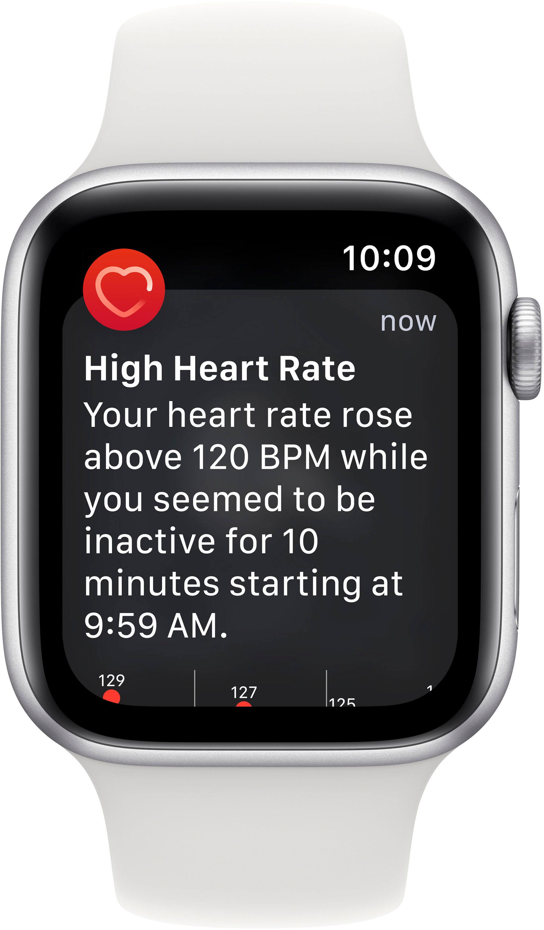 The text on the image reads: "Your heart rate rose above 120 BPM while you seemed to be inactive for 10 minutes starting at 9:59 AM. 129 127 125."