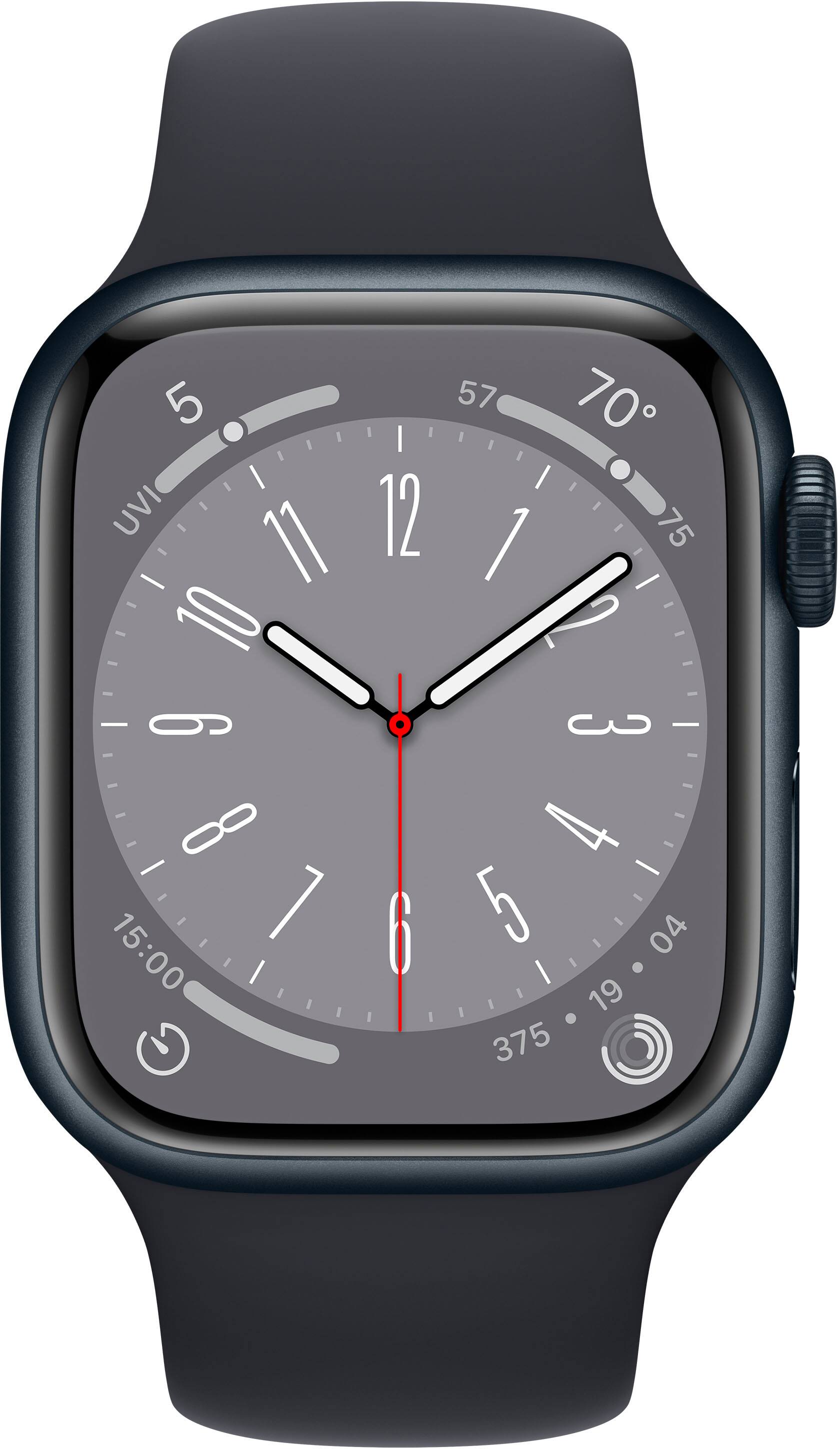 Angle. Apple - Apple Watch Series 8 (GPS) 41mm Aluminum Case with Midnight Sport Band - S/M - Midnight.