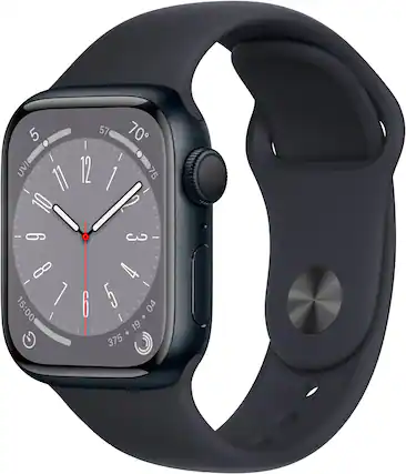 Front. Apple - Apple Watch Series 8 (GPS) 41mm Aluminum Case with Midnight Sport Band - M/L - Midnight.