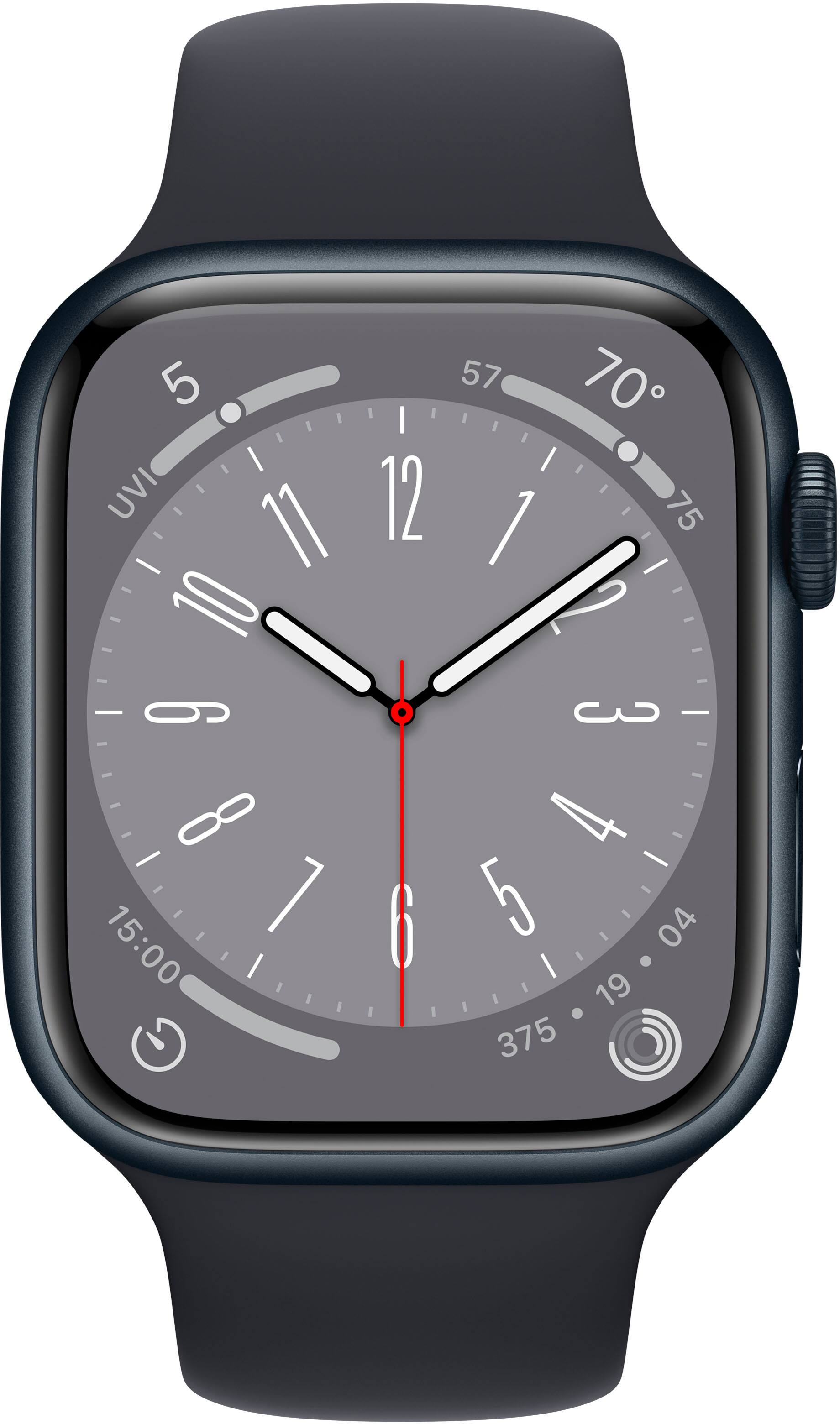 Angle. Apple - Apple Watch Series 8 (GPS) 45mm Aluminum Case with Midnight Sport Band - S/M - Midnight.